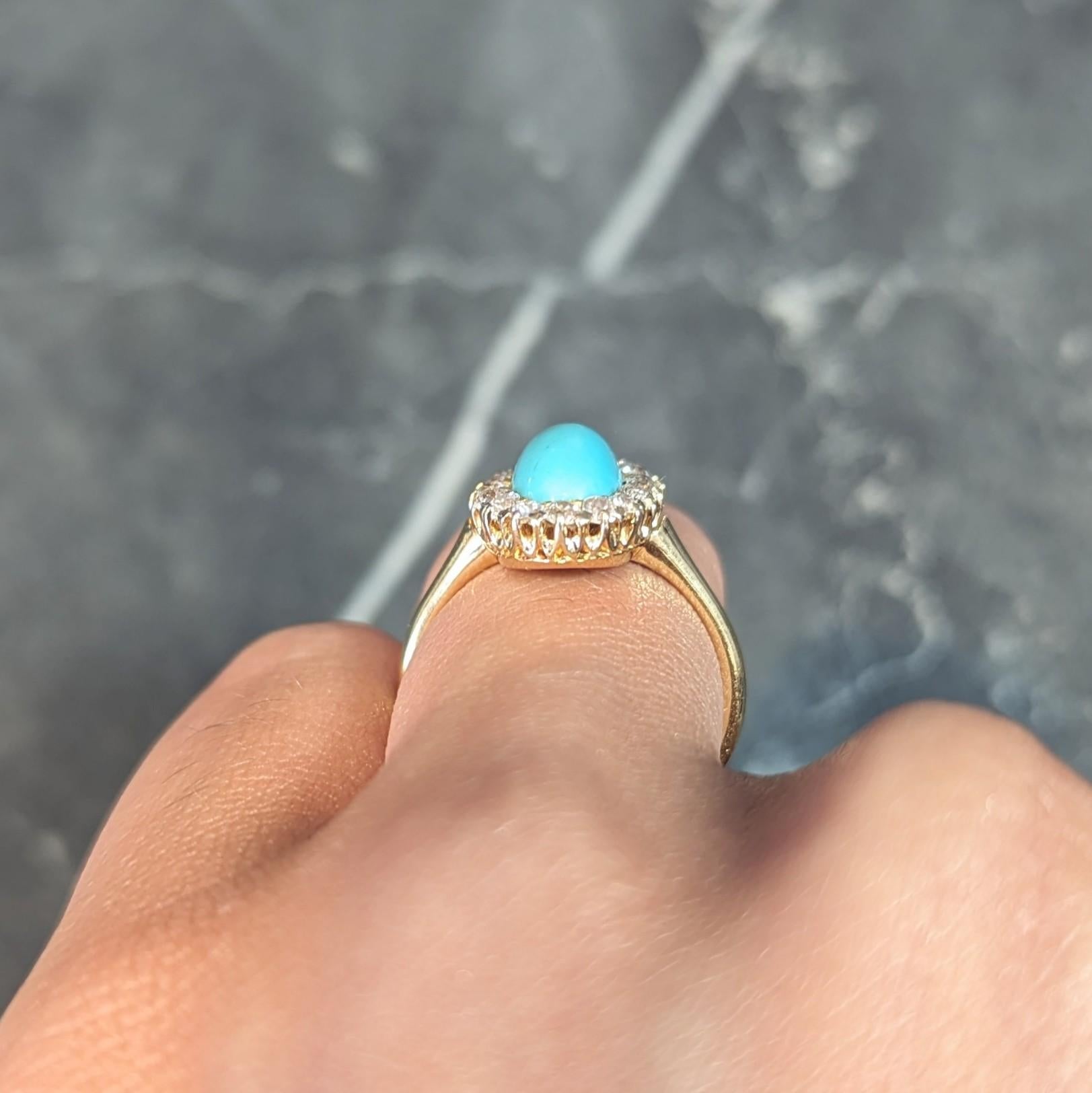 Victorian 0.72 CTW Diamond Turquoise 18 Karat Yellow Gold Antique Halo Ring