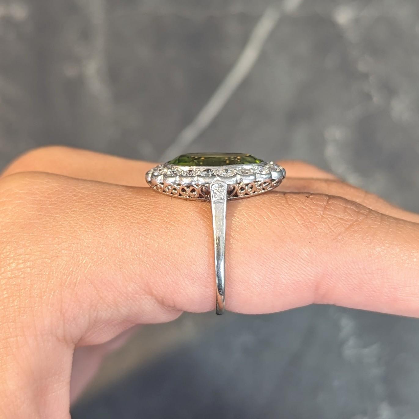 Mid-Century 5.35 CTW Peridot Diamond Platinum 14K White Gold Vintage Halo Ring