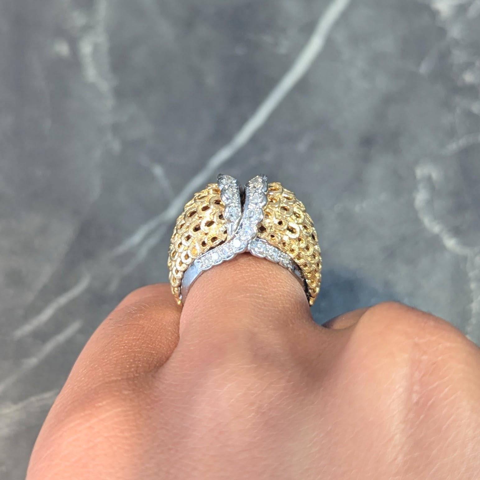 Mid-Century 0.66 CTW Diamond 18 Karat Two-Tone Gold Vintage Domed Cocktail Ring