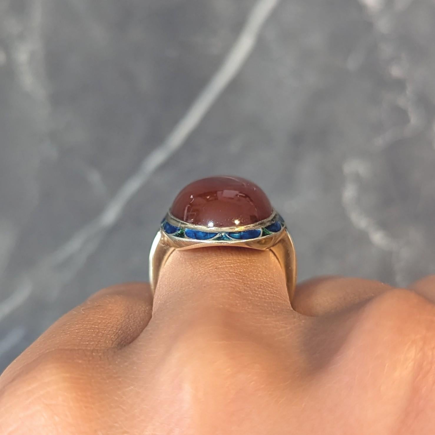 Early Art Deco Carnelian Enamel 14 Karat Yellow Gold Antique Jones Woodland Ring