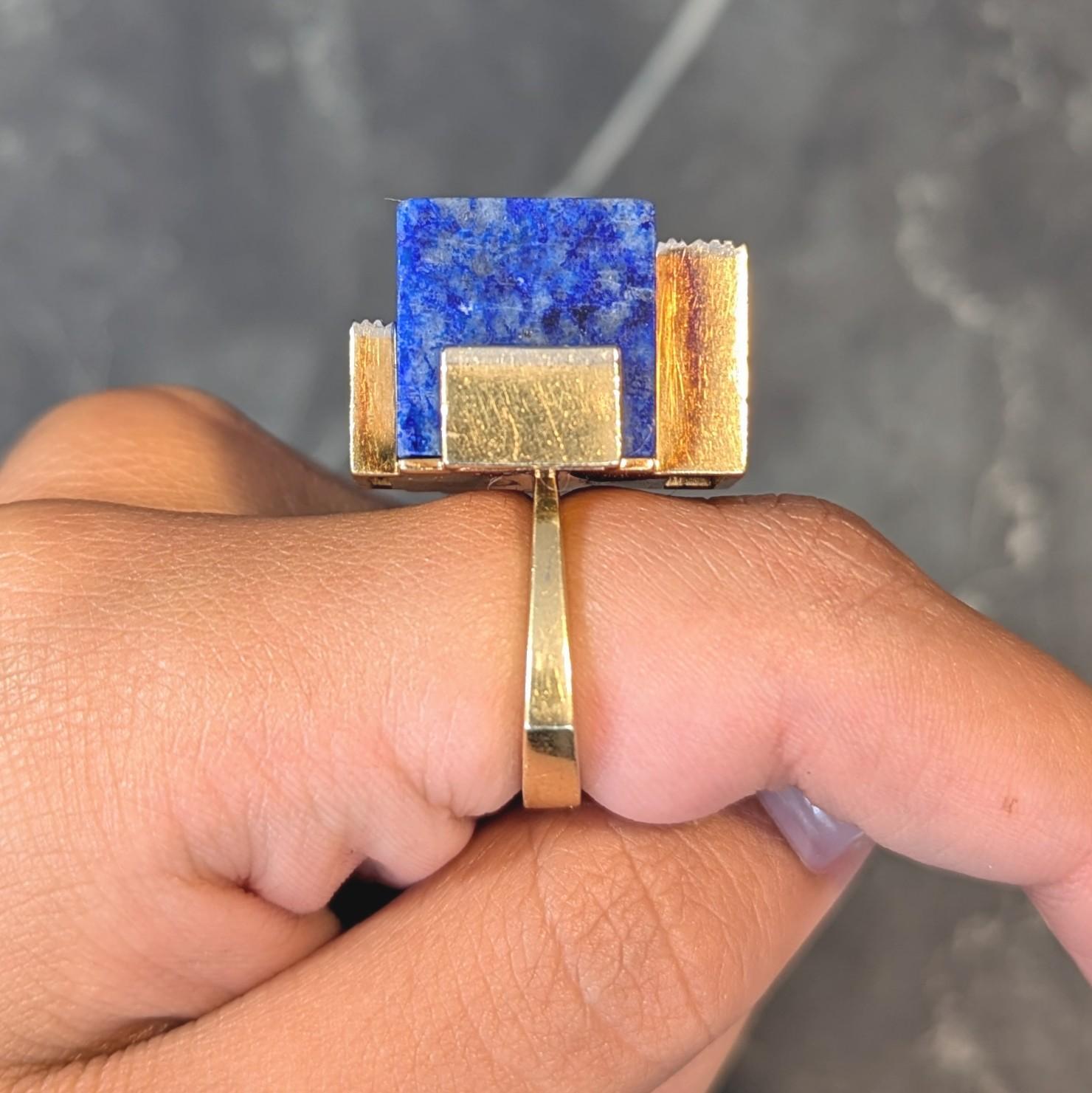 Dutch Modernist Lapis Lazuli Diamond Platinum 18 Karat Gold Vintage Cube Ring