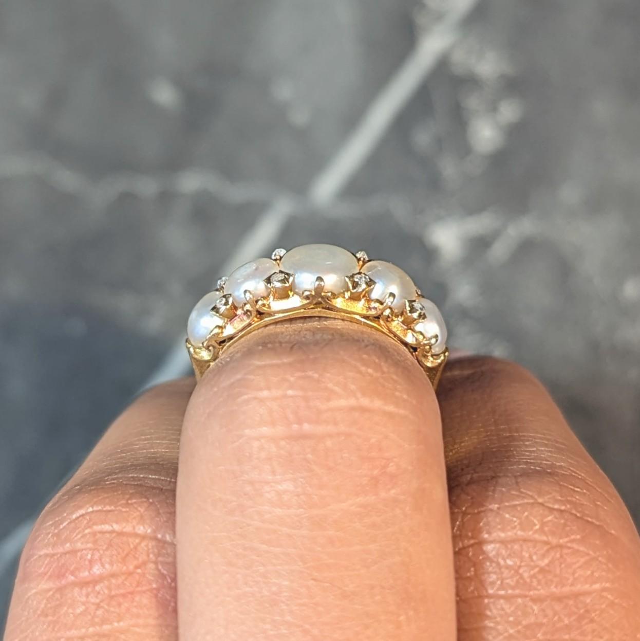 Victorian Button Pearl Diamond 18 Karat Yellow Gold Antique Five Stone Band Ring