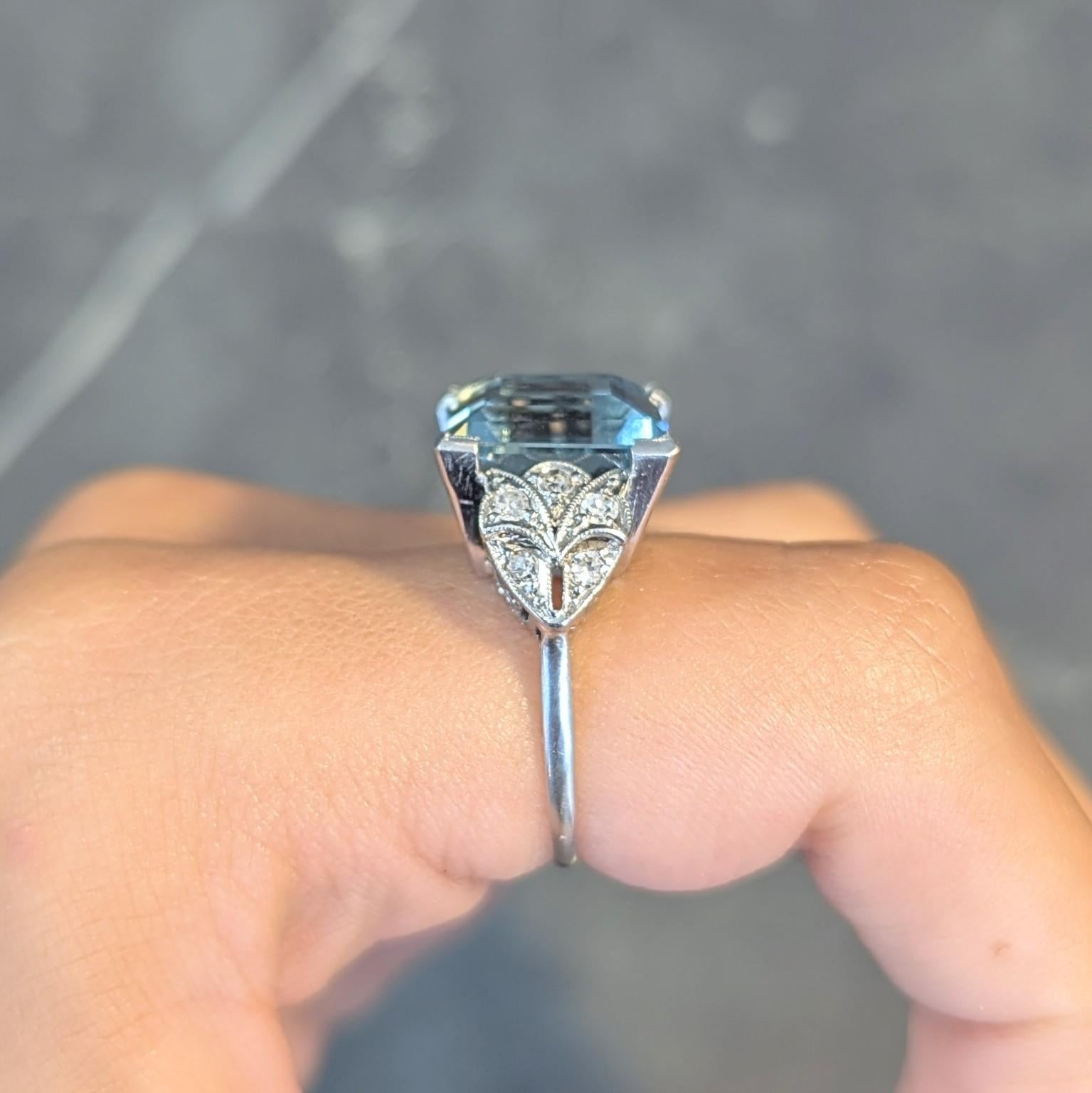 Art Deco 9.01 CTW Step Cut Aquamarine Diamond Platinum Vintage Cocktail Ring