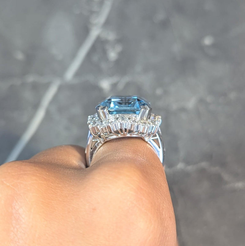 Contemporary 19.42 CTW Aquamarine Diamond Platinum Halo Cocktail Ring