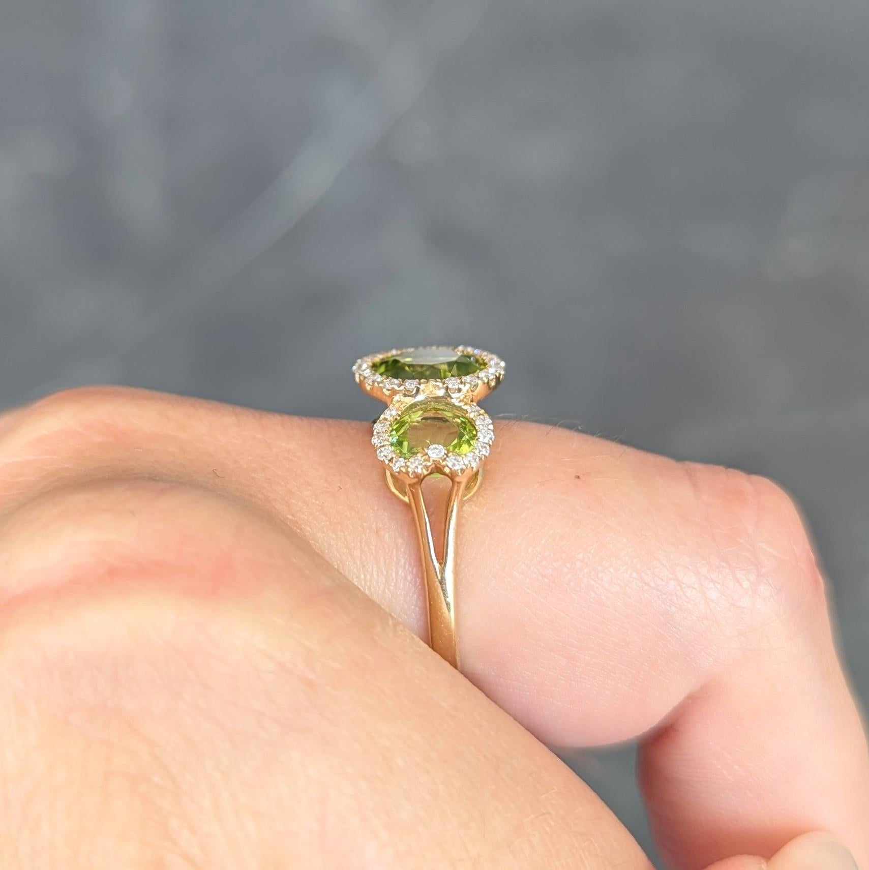 Contemporary 3.12 CTW Peridot Diamond 18 Karat Yellow Gold Tri-Halo Ring