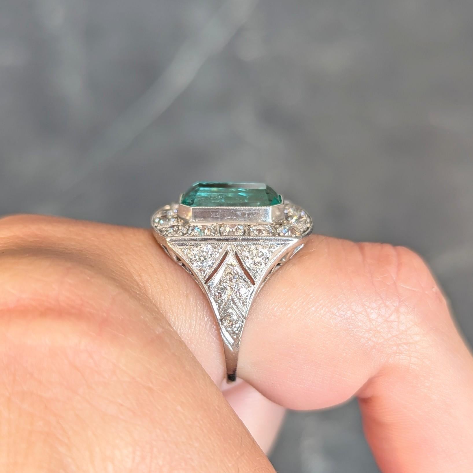 Art Deco 5.86 CTW Colombian Emerald Diamond Platinum Vintage Halo Ring GIA