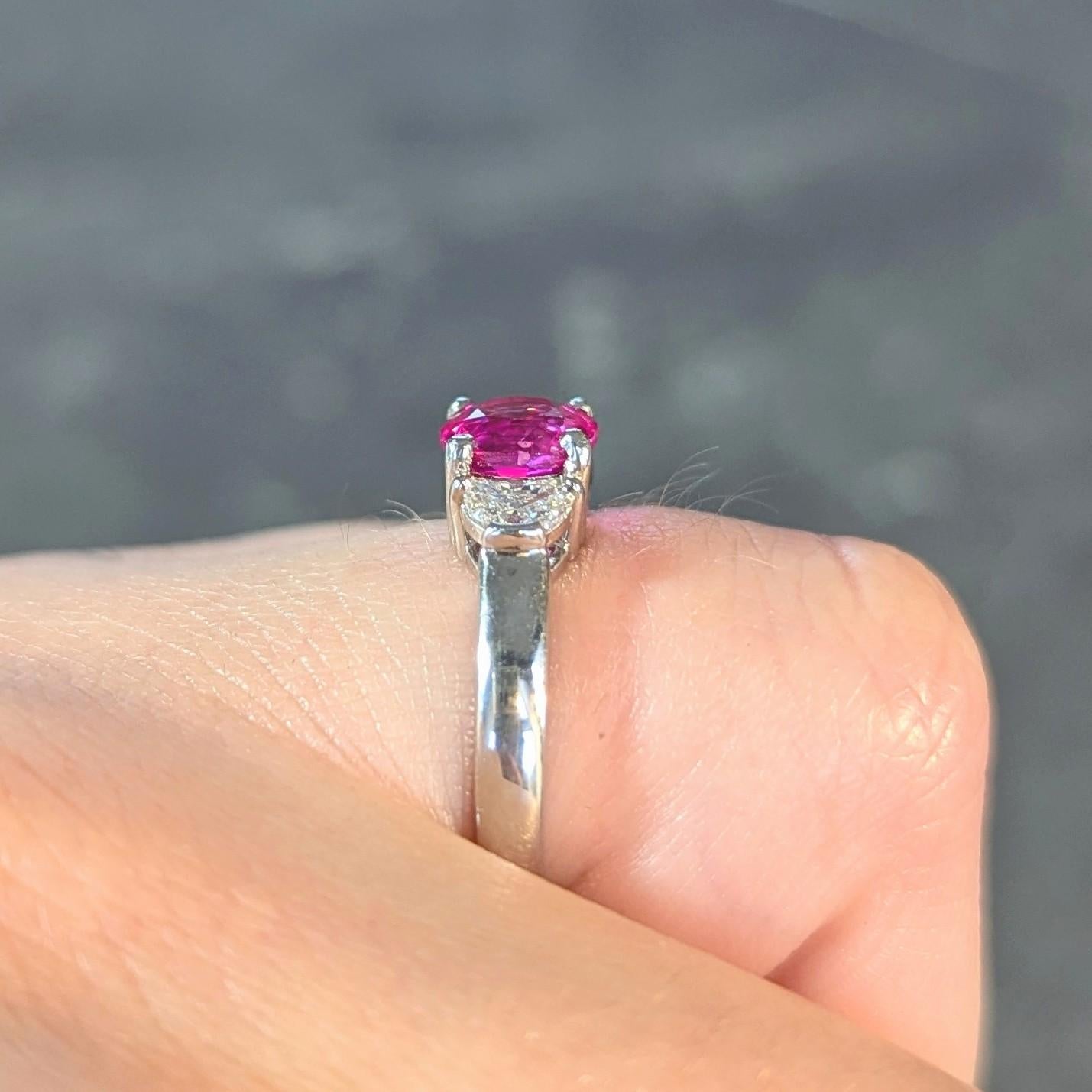 1990's 1.78 CTW Pink Sapphire Diamond Platinum Vintage Three Stone Ring