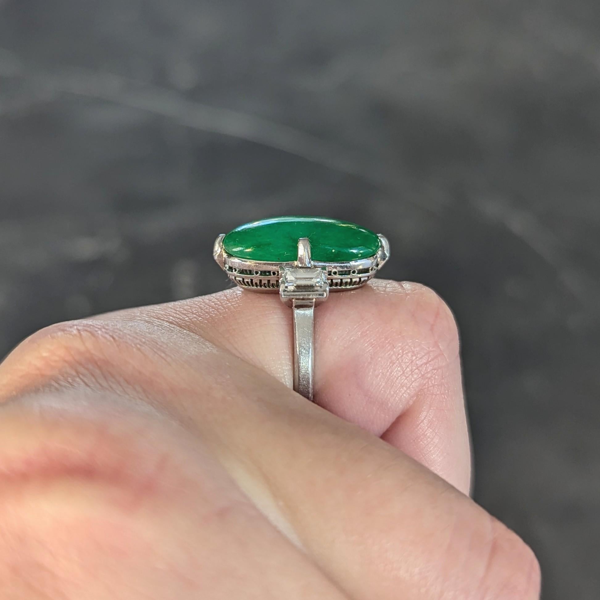 Mid-Century Natural Fei Cui Jadeite Jade Diamond Platinum Vintage Ring GIA