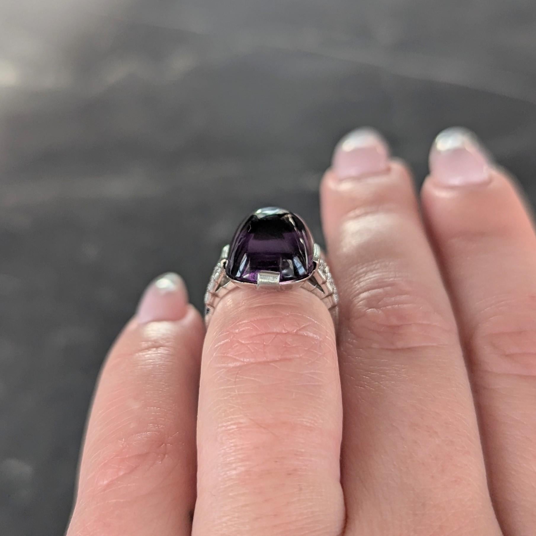 Art Deco Amethyst Cabochon Diamond Platinum Vintage Stepped Cocktail Ring