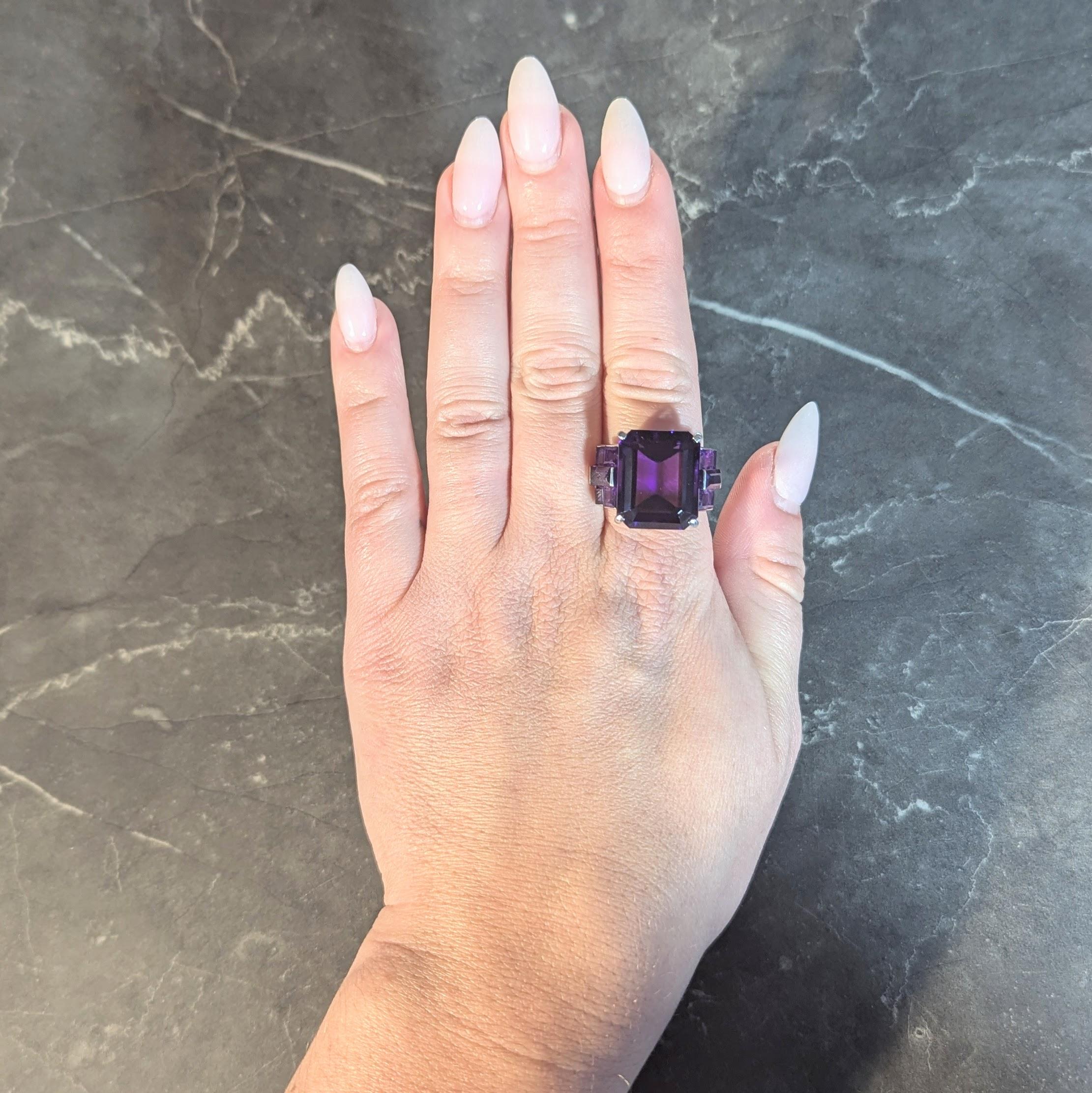 Mid-Century 22.92 CTW Amethyst Platinum Vintage Stepped Cocktail Ring