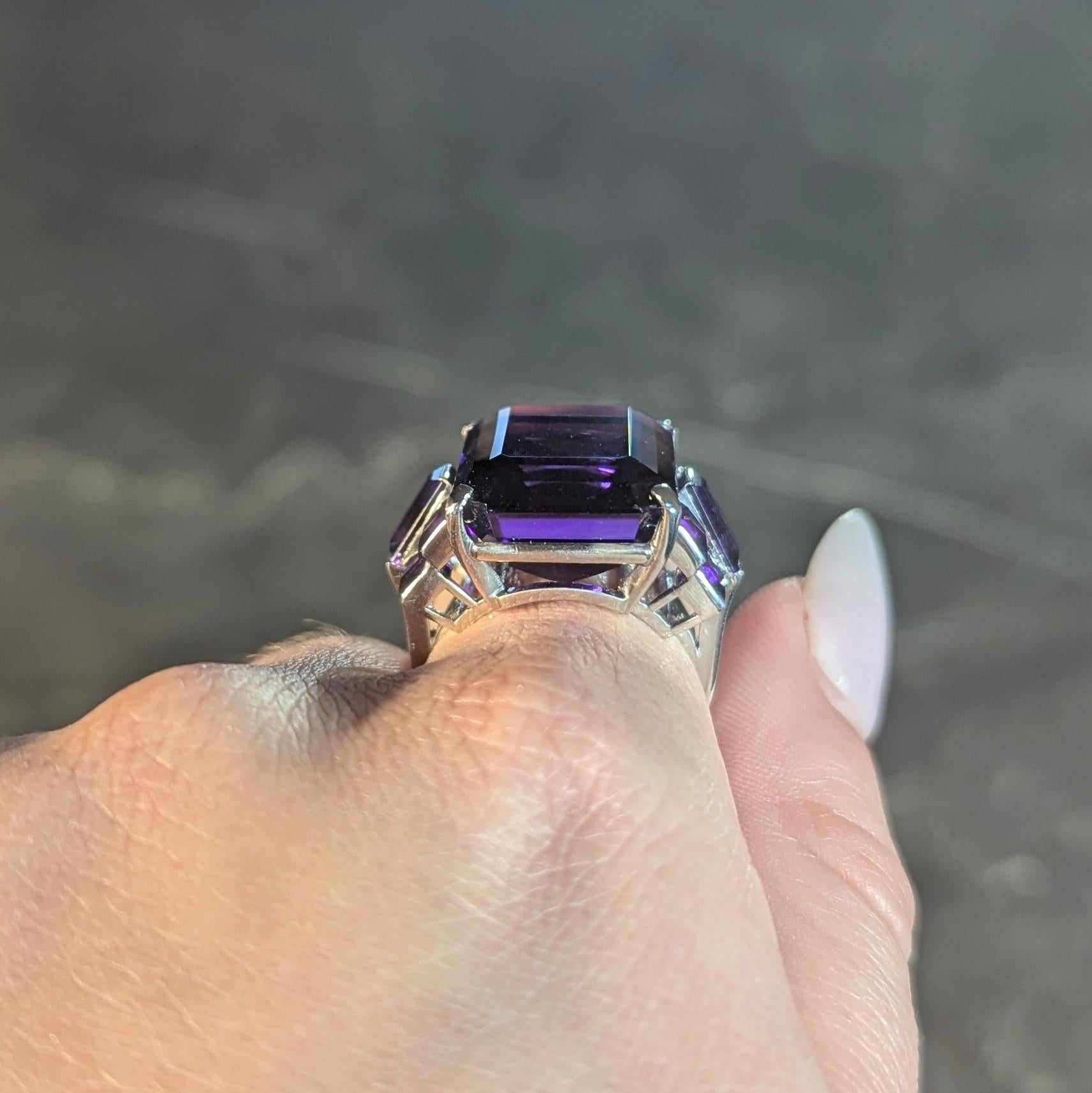 Mid-Century 22.92 CTW Amethyst Platinum Vintage Stepped Cocktail Ring