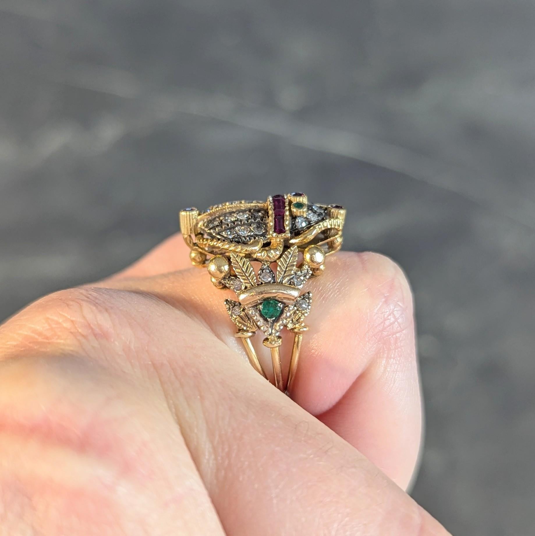 Mid-Century 1.32 CTW Diamond Emerald Ruby 18 Karat Gold Antique Scarab Ring