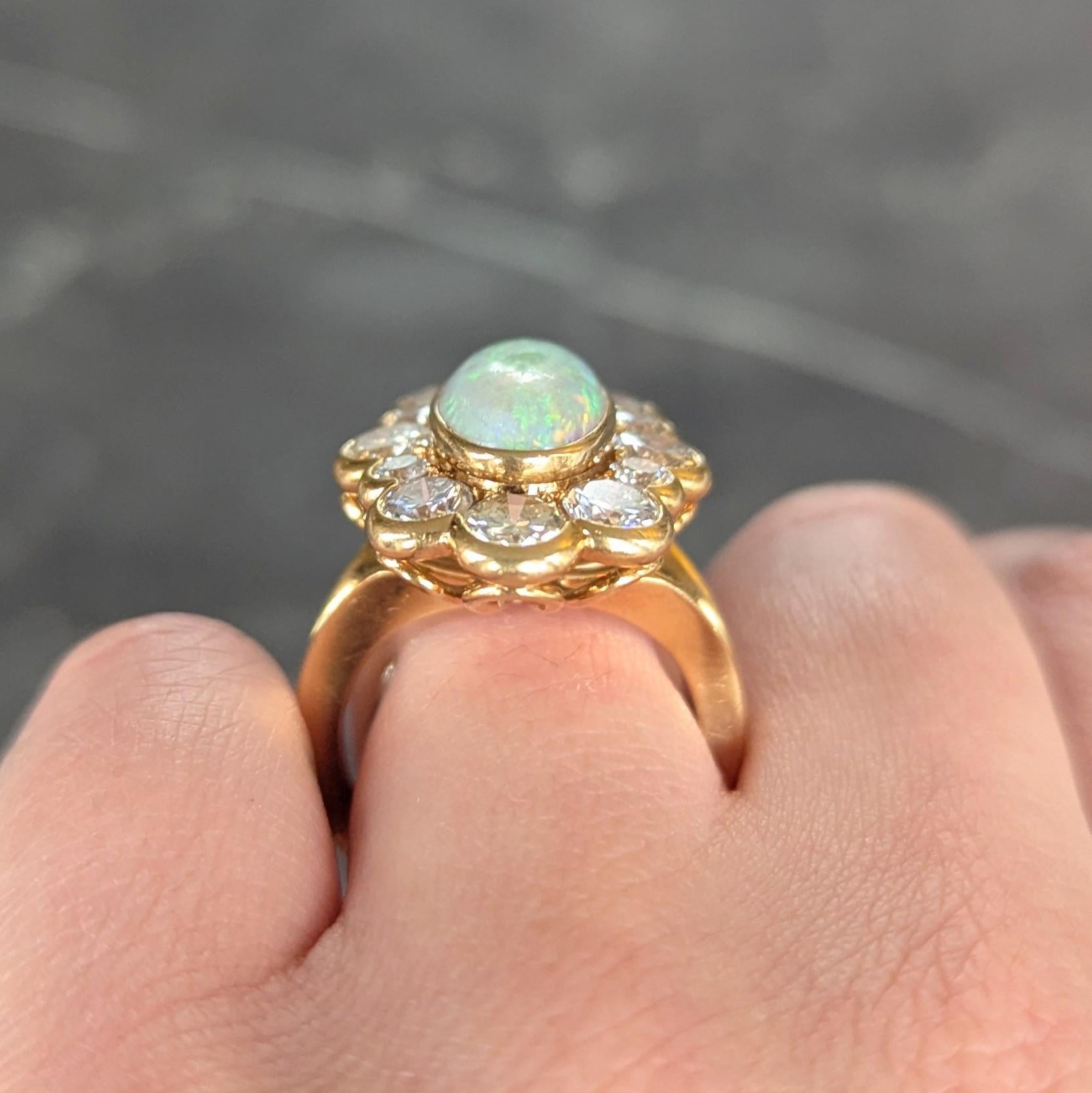 1970's 4.50 CTW Opal Diamond 18 Karat Yellow Gold Vintage Cluster Ring