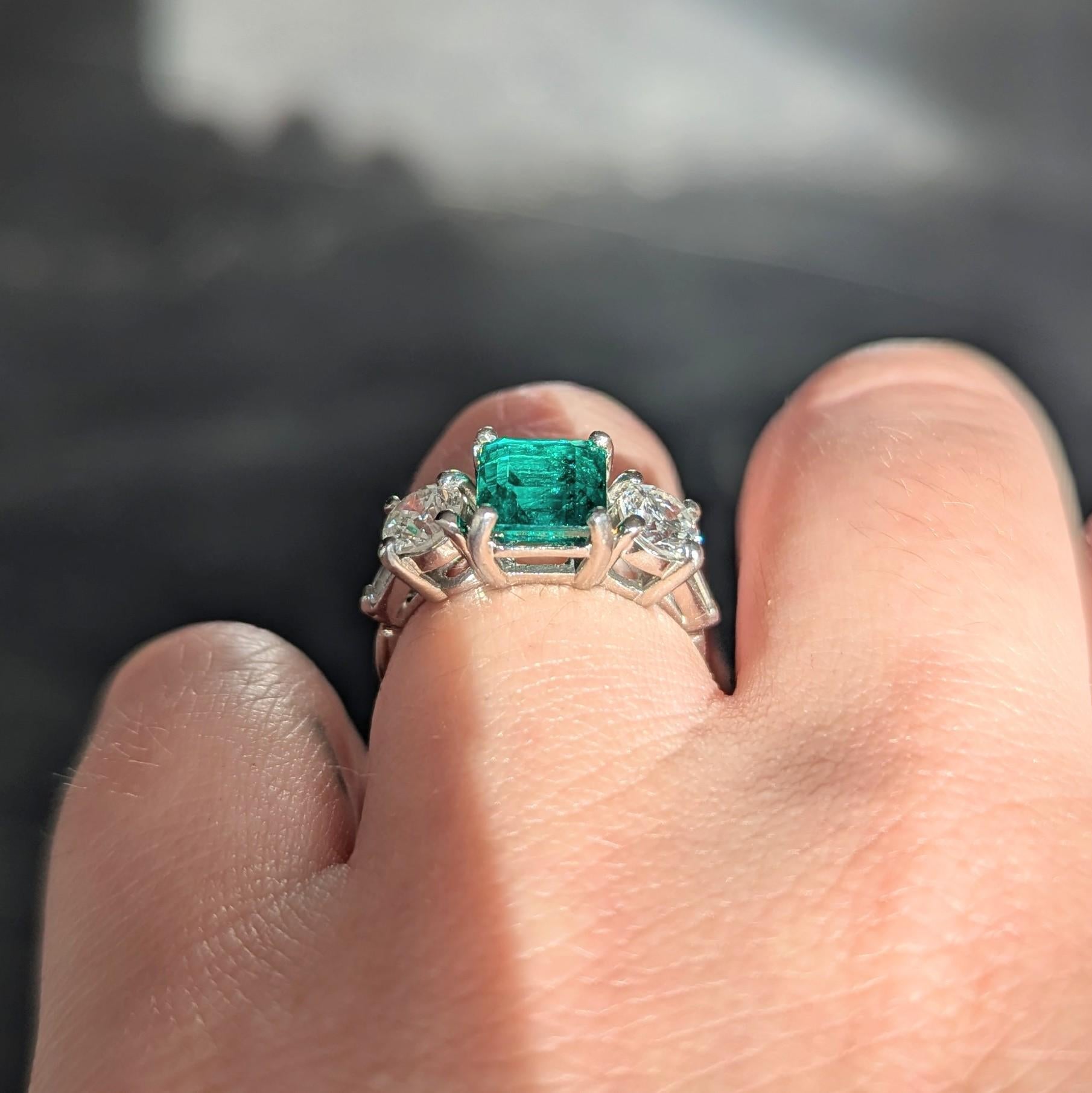 Mid-Century 2.80 CTW Colombian Emerald Diamond Platinum Vintage Ring AGL