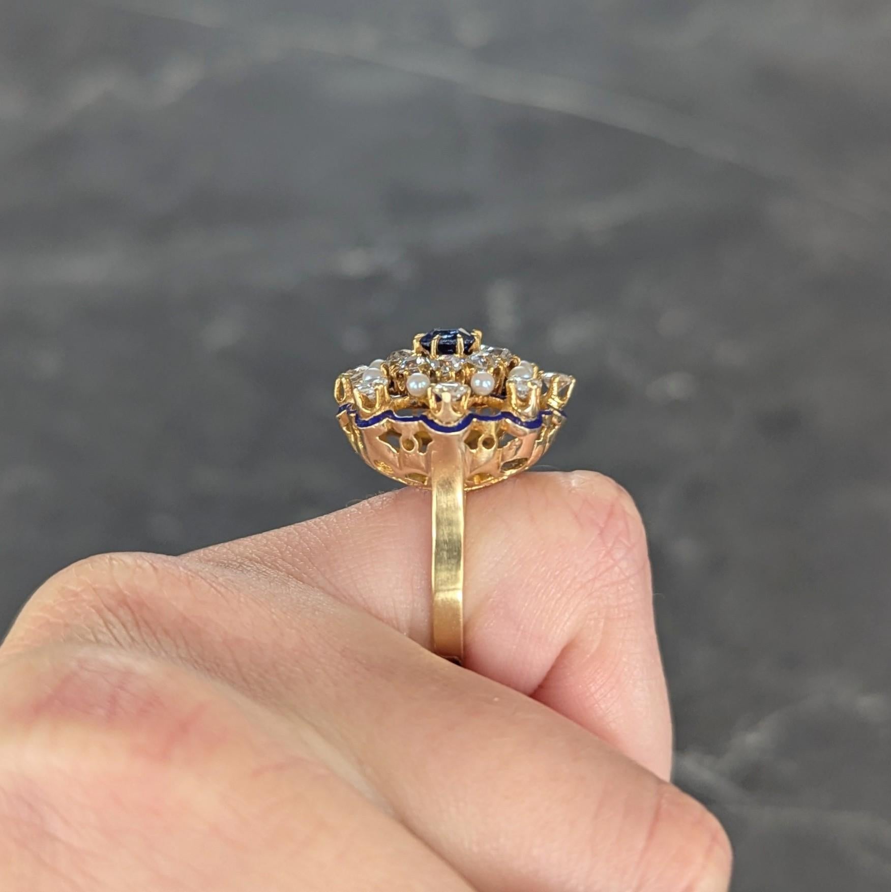 1950's 2.12 CTW Sapphire Diamond Pearl Enamel 18K Gold Vintage Cocktail Ring