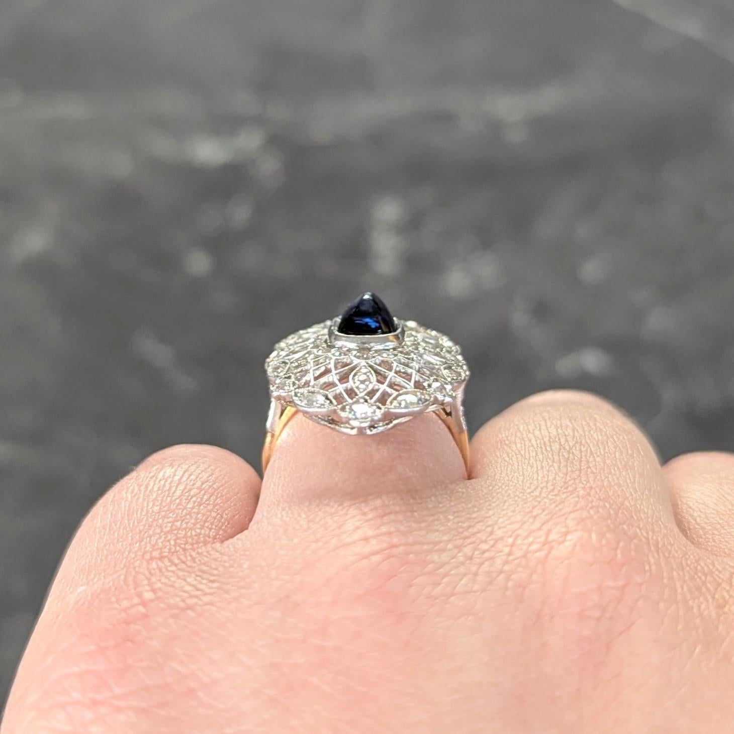 Edwardian 3.78 CTW Sapphire Diamond Platinum 18K Vintage Navette Dinner Ring