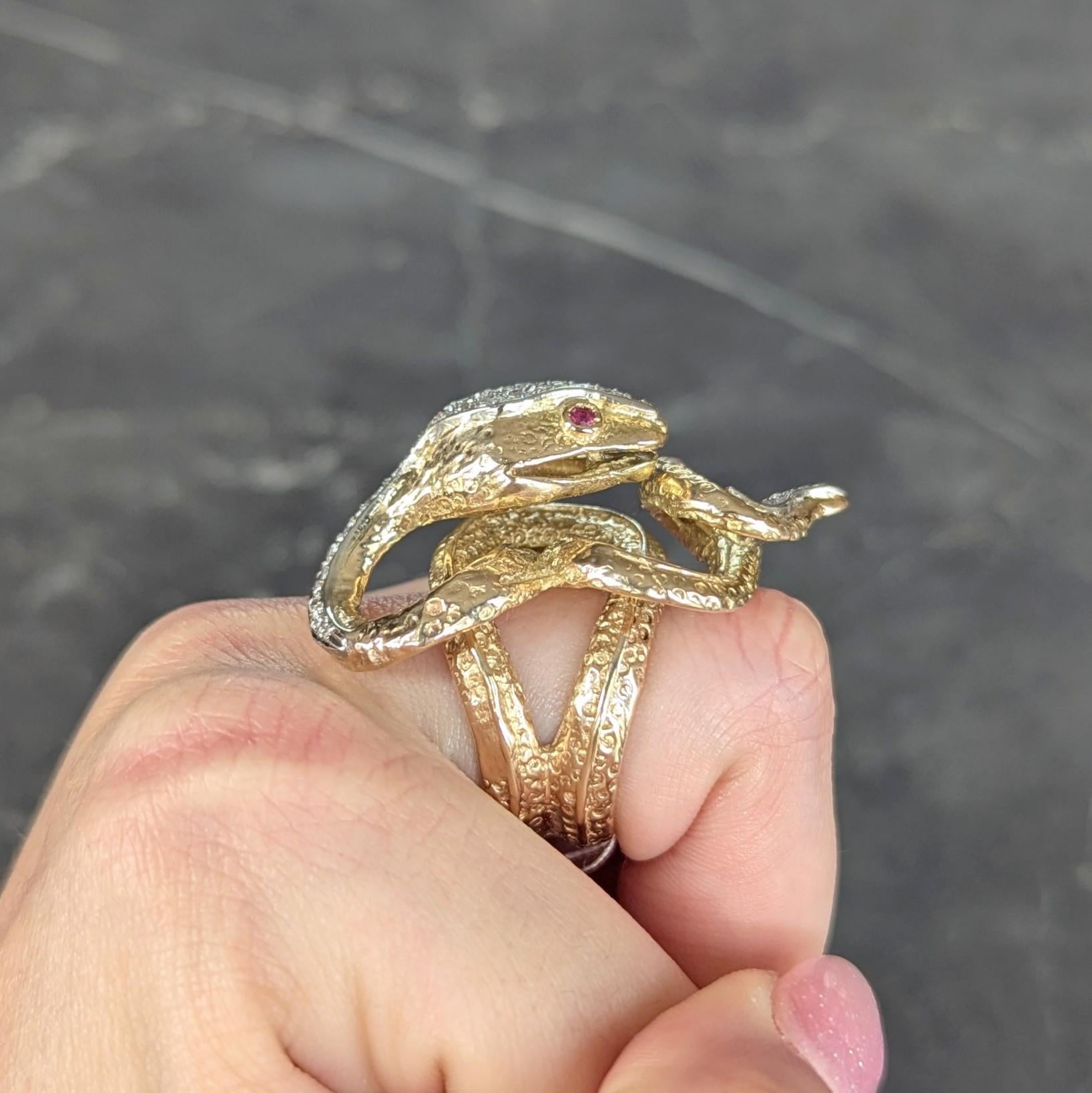 1970's 1.00 CTW Diamond Ruby 14 Karat Two-Tone Gold Vintage Snake Ring