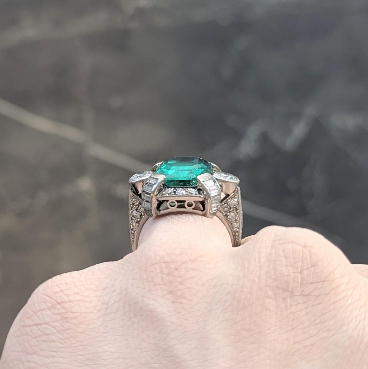 Mid-Century 9.90 CTW Colombian Emerald Diamond Platinum Vintage Ring AGL