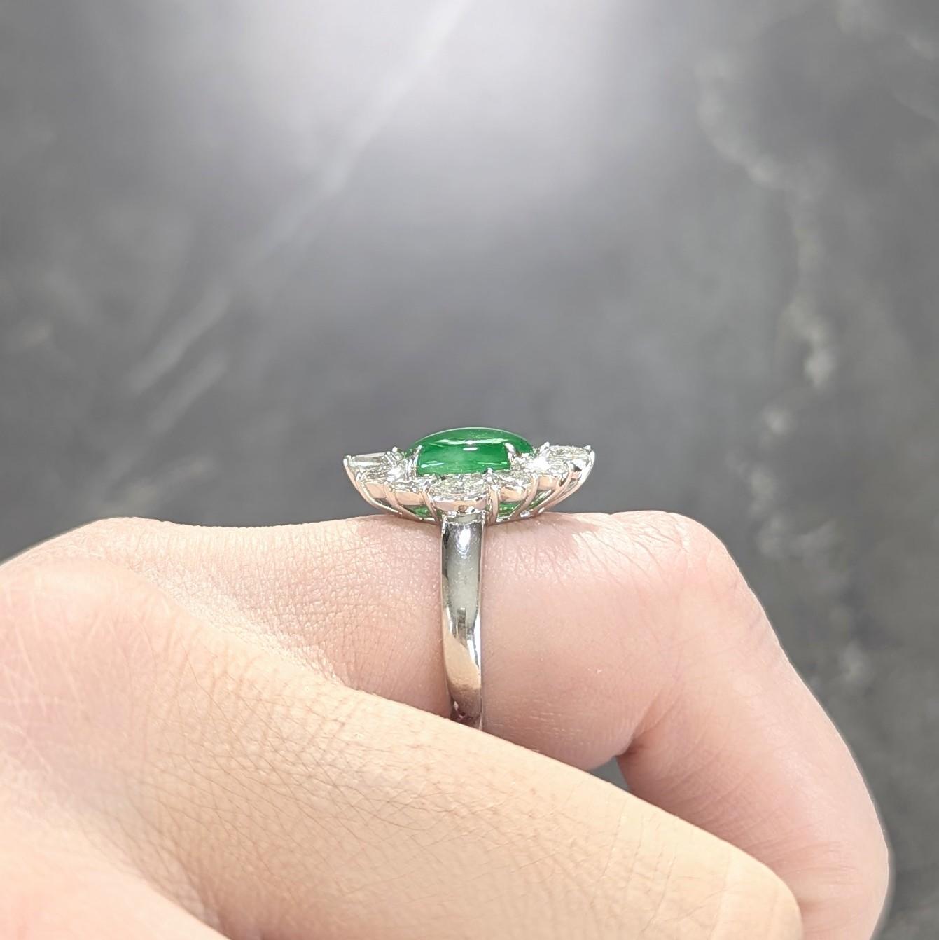 Contemporary Type A Jadeite Jade Fei Cui Diamond Platinum Halo Ring GIA