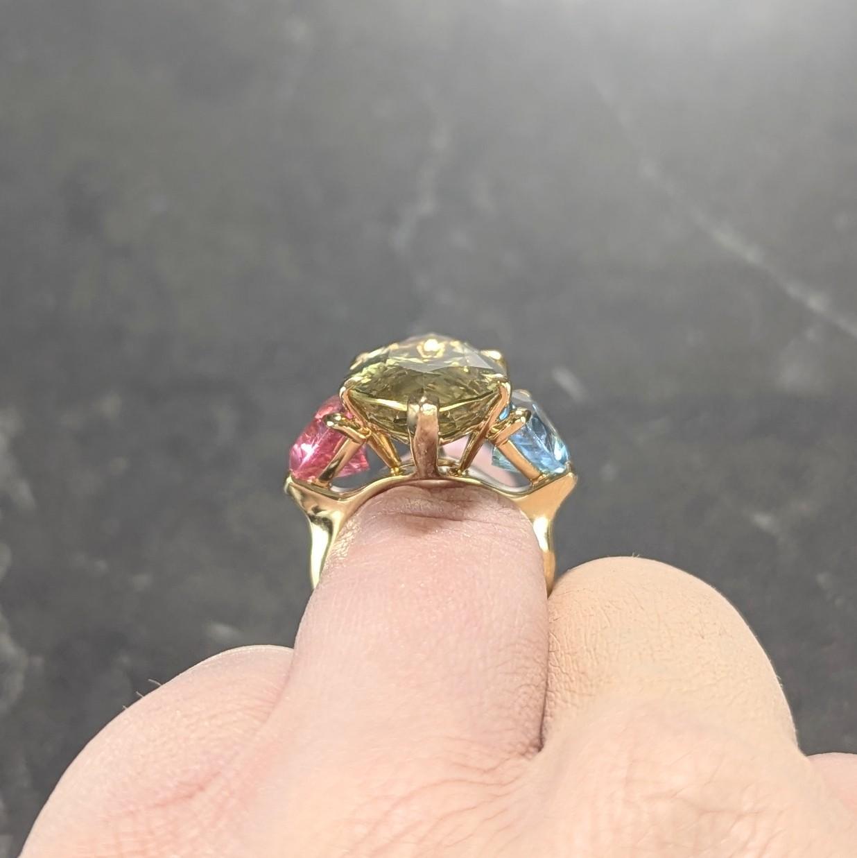 Dior French Lemon Quartz Tourmaline Topaz 18K Gold Three Stone Cocktail Ring