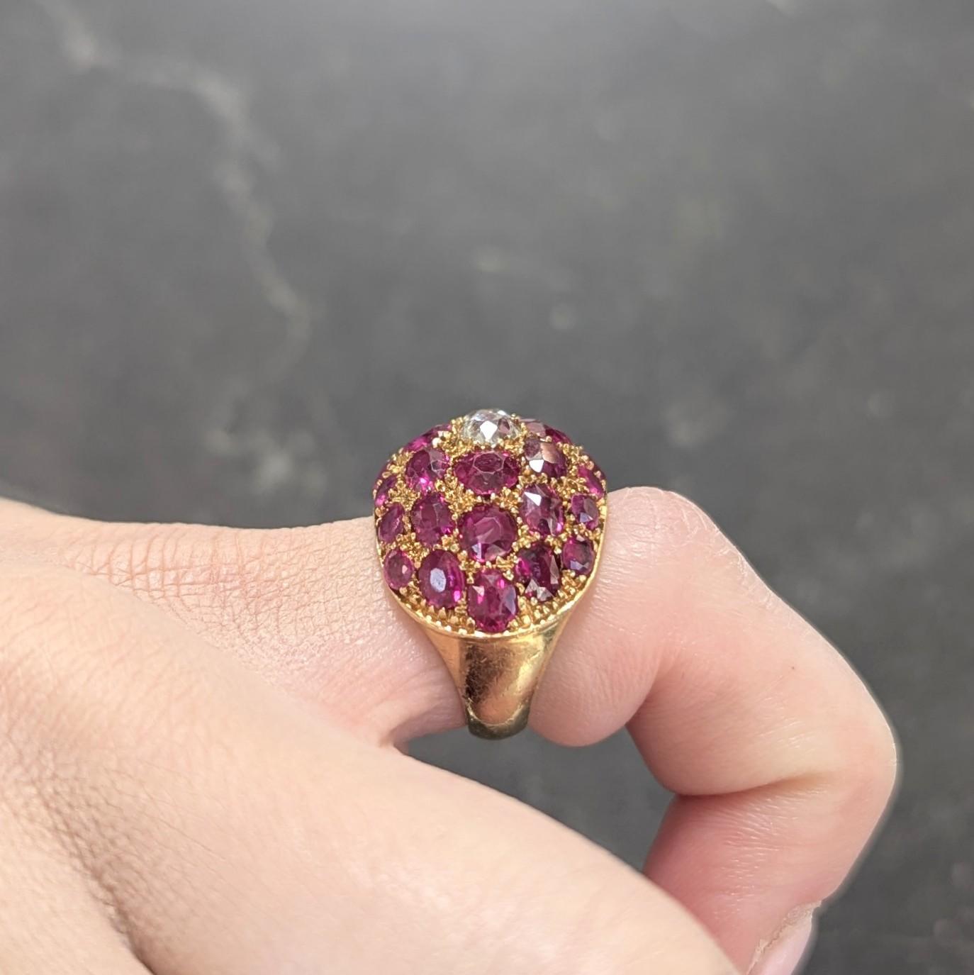 1950's 9.88 CTW Diamond Ruby 18 Karat Yellow Gold Vintage Bombé Pavé Dome Ring