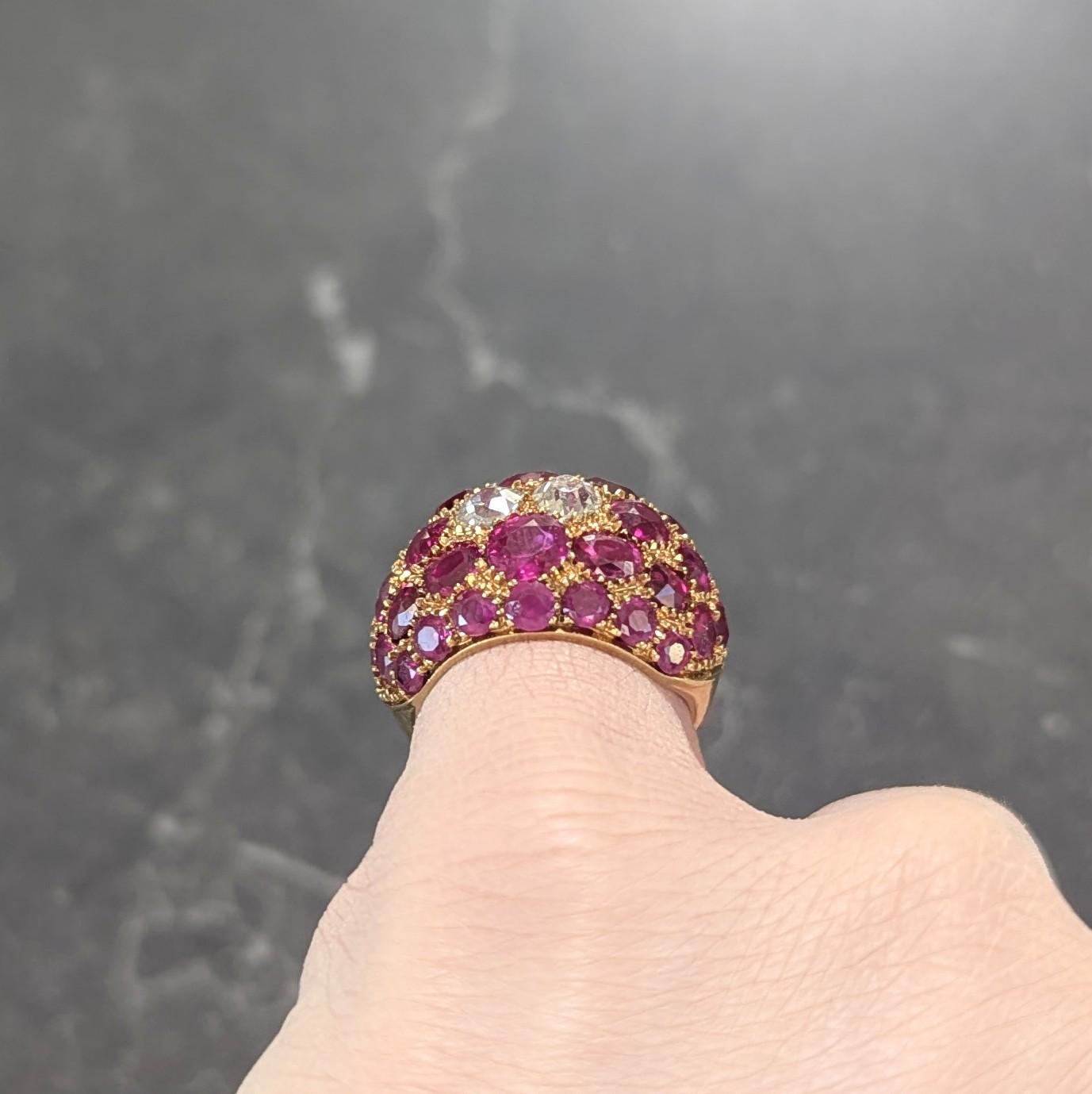 1950's 9.88 CTW Diamond Ruby 18 Karat Yellow Gold Vintage Bombé Pavé Dome Ring