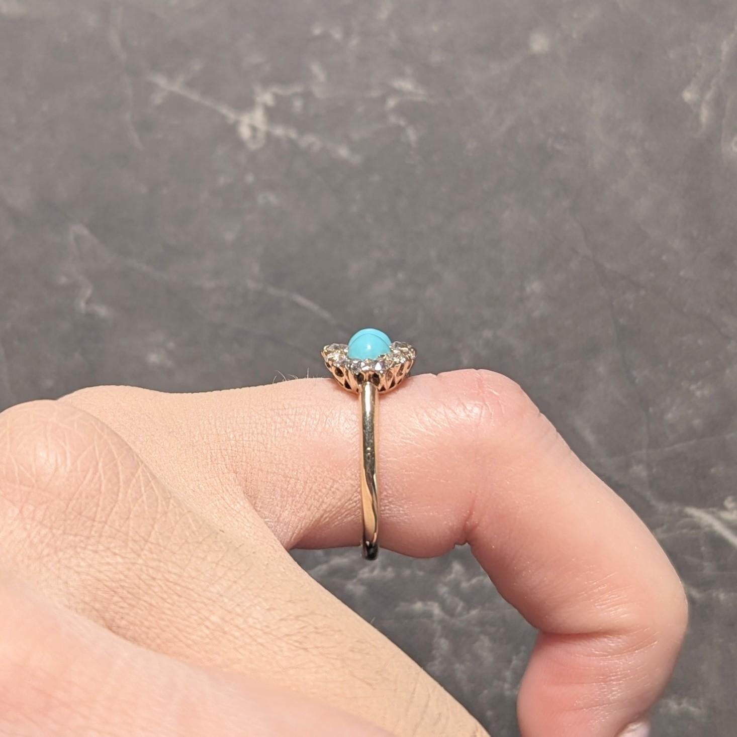 Victorian Diamond Turquoise Cabochon 14K Yellow Gold Antique Cluster Band Ring