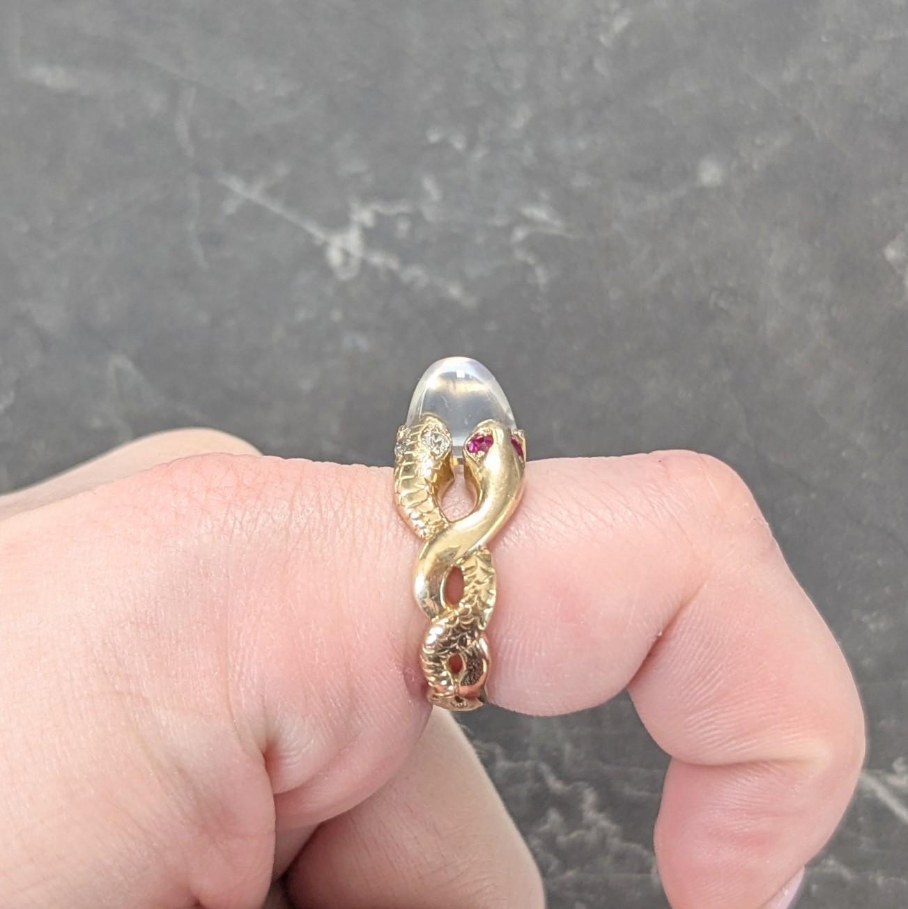 Victorian Ruby Diamond Moonstone Cabochon 14K Yellow Gold Antique Snake Ring