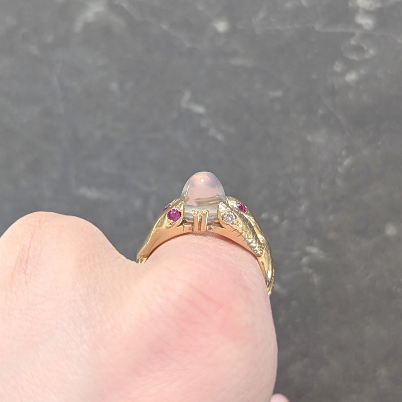 Victorian Ruby Diamond Moonstone Cabochon 14K Yellow Gold Antique Snake Ring