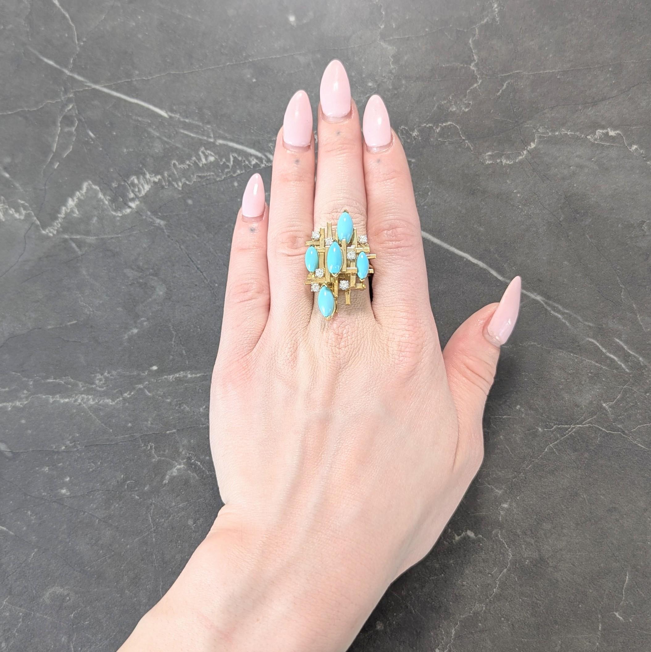 Henry Dunay Modernist Diamond Turquoise Platinum 18K Gold Cocktail Ring