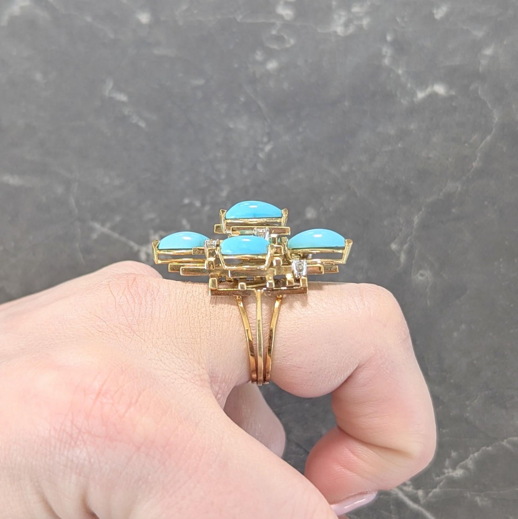 Henry Dunay Modernist Diamond Turquoise Platinum 18K Gold Cocktail Ring