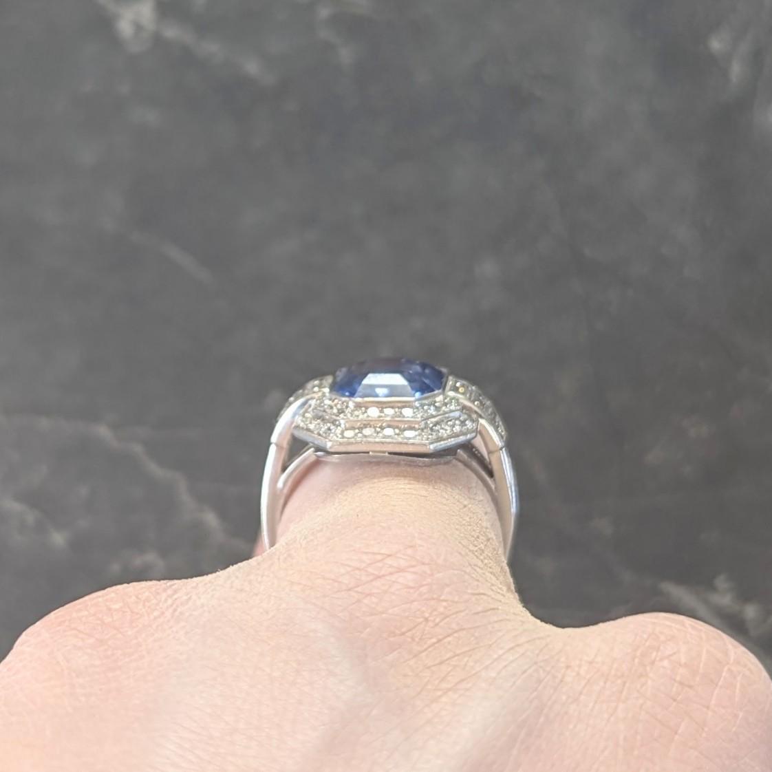 Mid Century 7.12 CTW No Heat Ceylon Sapphire Diamond Platinum Vintage Halo Ring