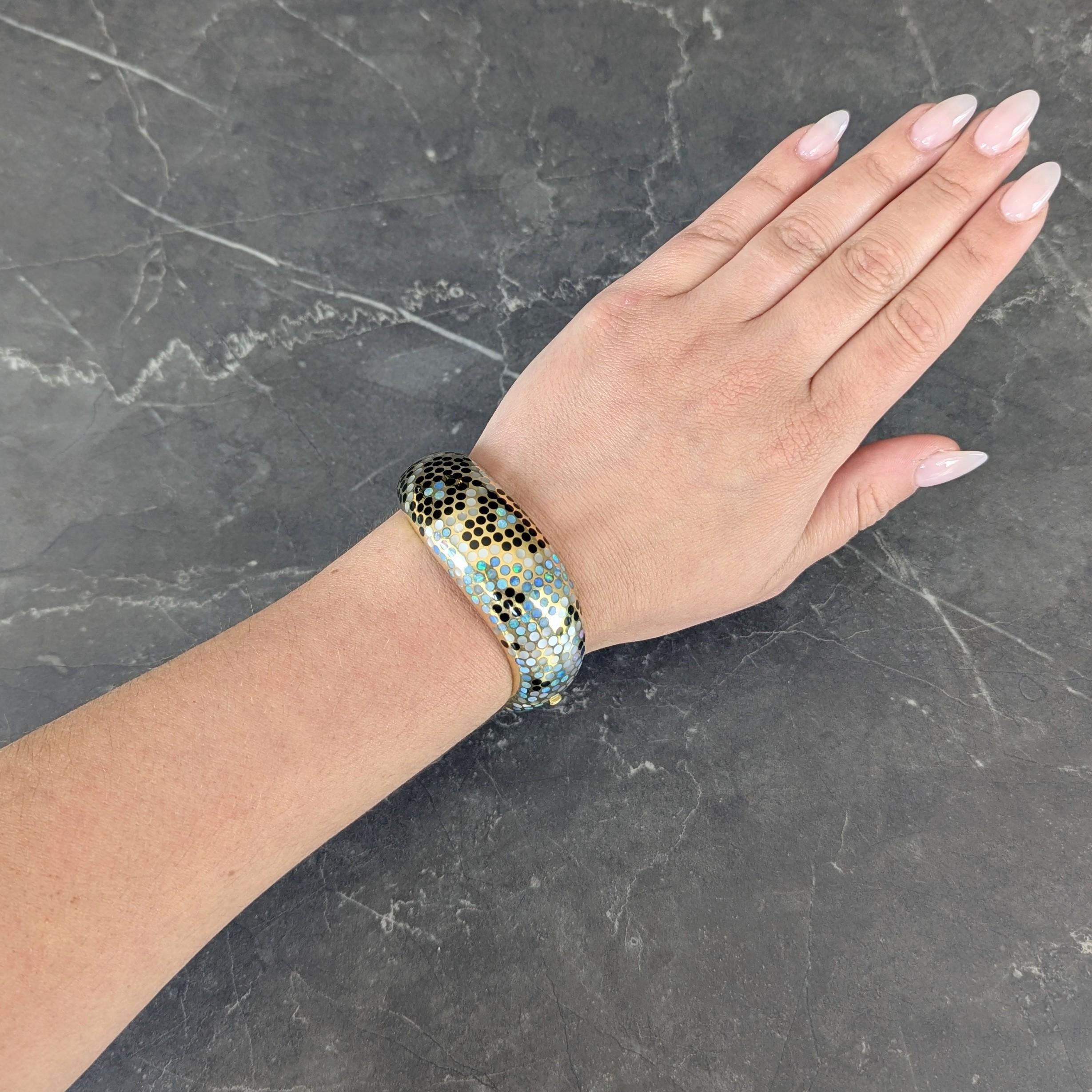 Angela Cummings Opal Onyx Mother-Of-Pearl Inlay 18K Gold Vintage Bangle Bracelet