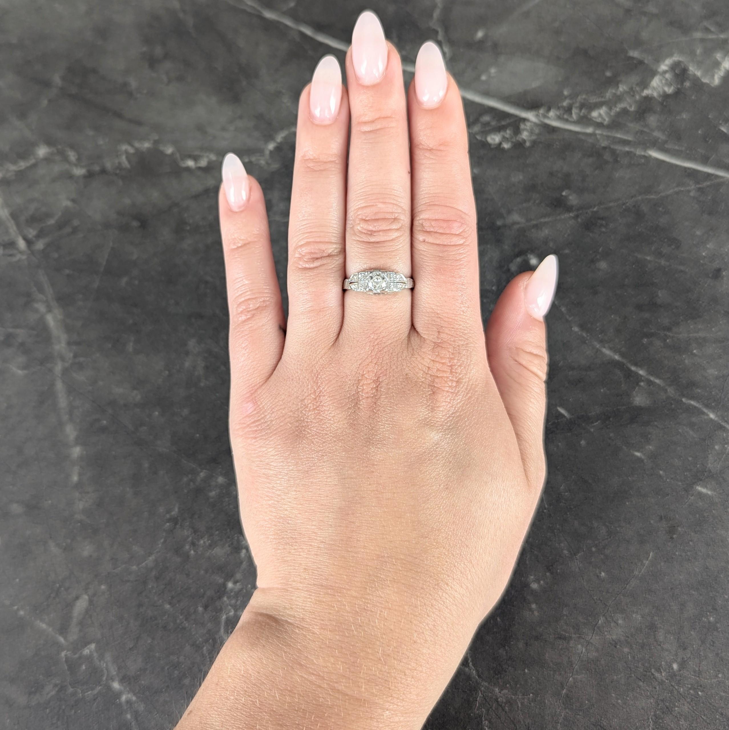 Art Deco Old European Cut Diamond 18K White Gold Vintage Stepped Engagement Ring