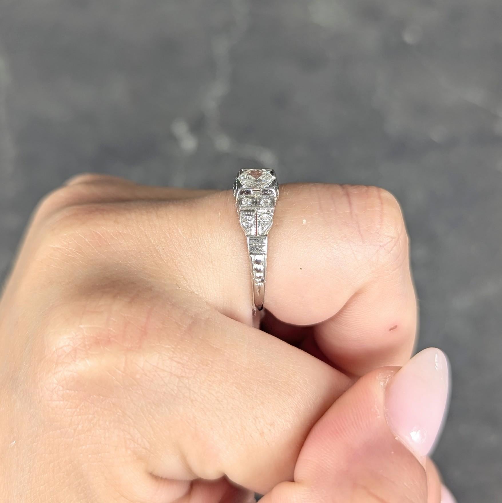 Art Deco Old European Cut Diamond 18K White Gold Vintage Stepped Engagement Ring
