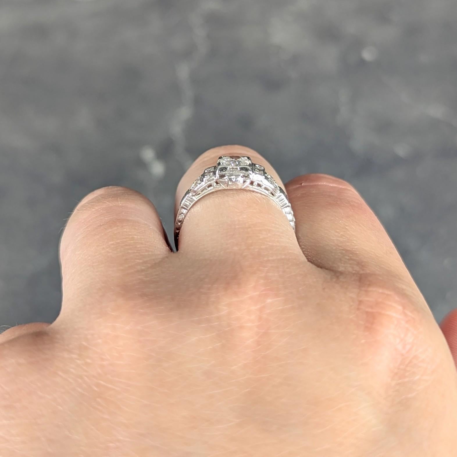 Art Deco Old European Cut Diamond 18K White Gold Vintage Stepped Engagement Ring