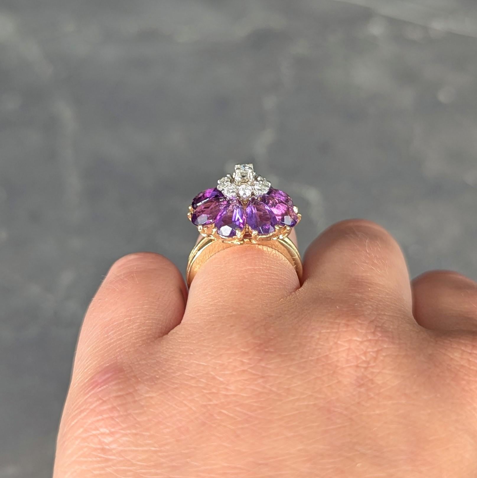 1960's 5.92 CTW Amethyst Diamond 14K Gold Vintage Cluster Cocktail Ring