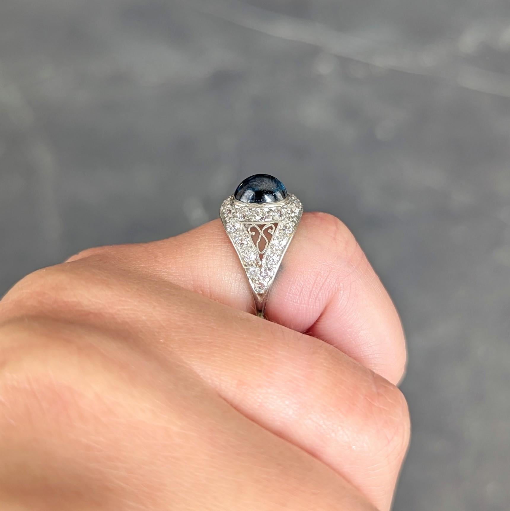 Art Deco Cabochon Sapphire Diamond Platinum Vintage Scrolling Bombé Ring