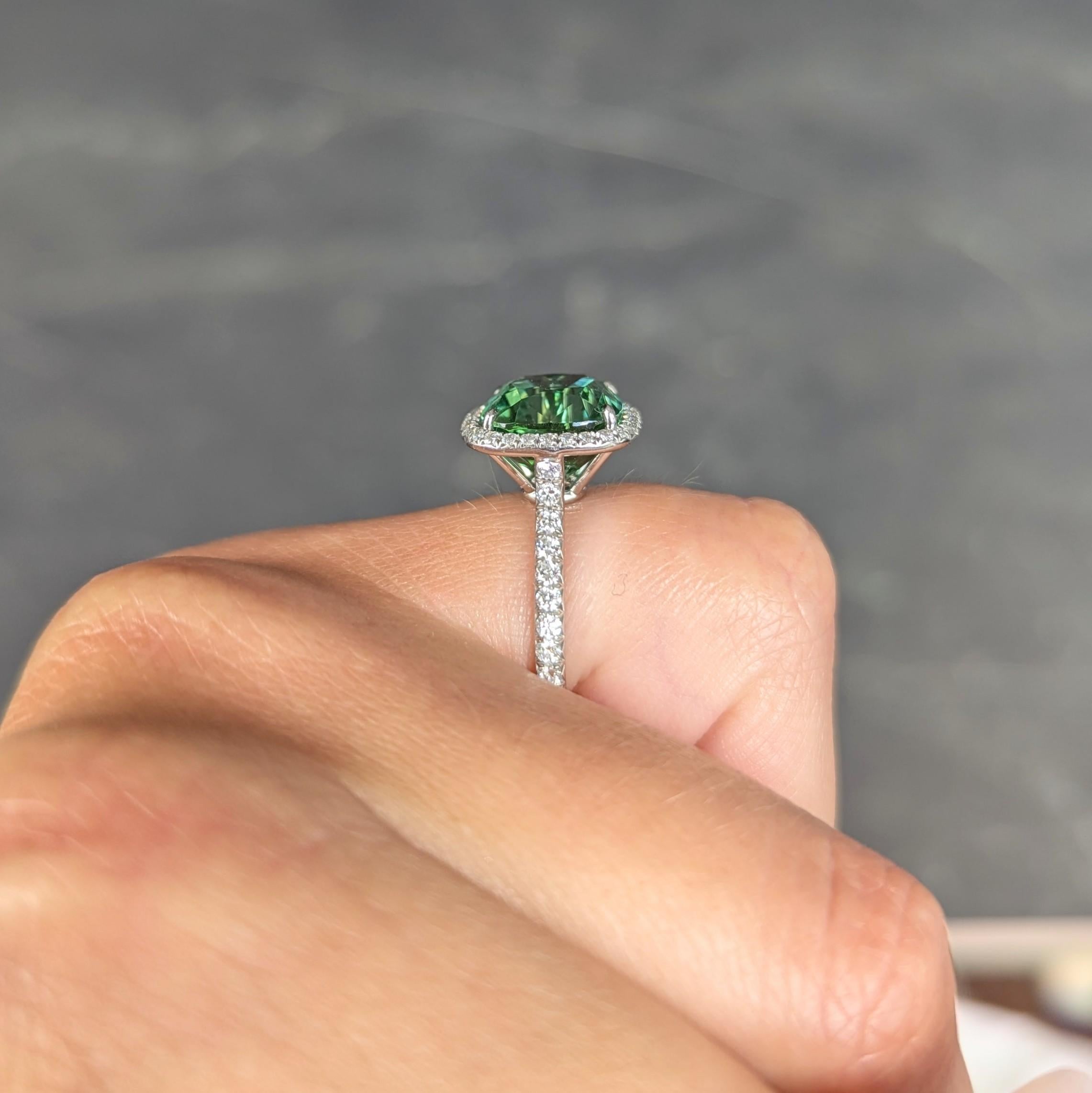 Tiffany & Co. 4.38 CTW Green Tourmaline Diamond Platinum Soleste Halo Ring