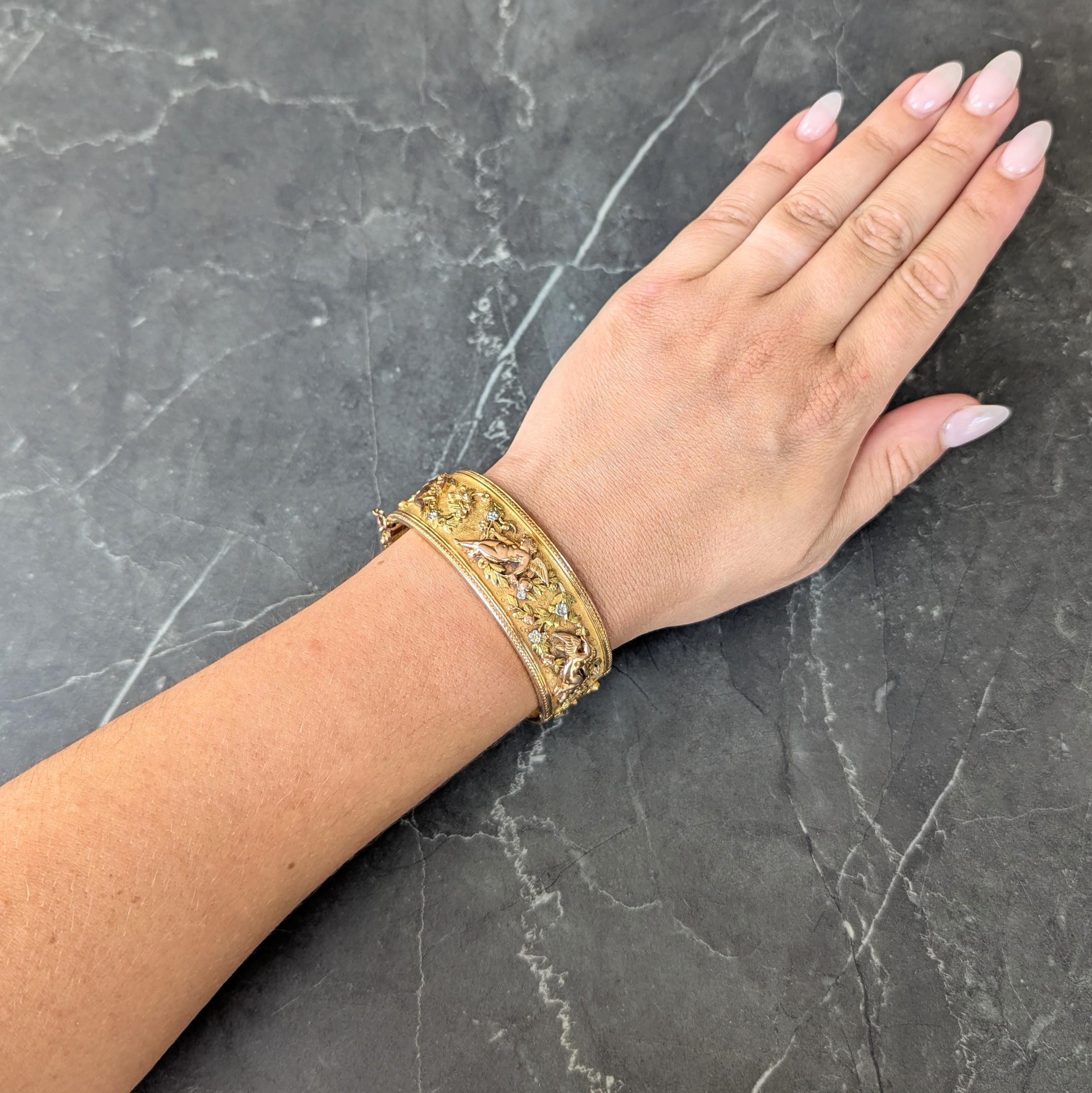 French Victorian 18 Karat Multi-Tone Gold Antique Floral Cherub Bangle Bracelet