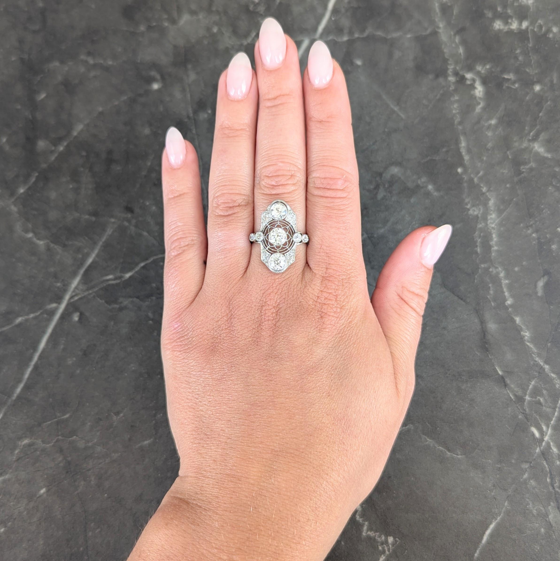 Art Deco 2.50 CTW European Diamond Platinum Vintage Floral Navette  Dinner Ring