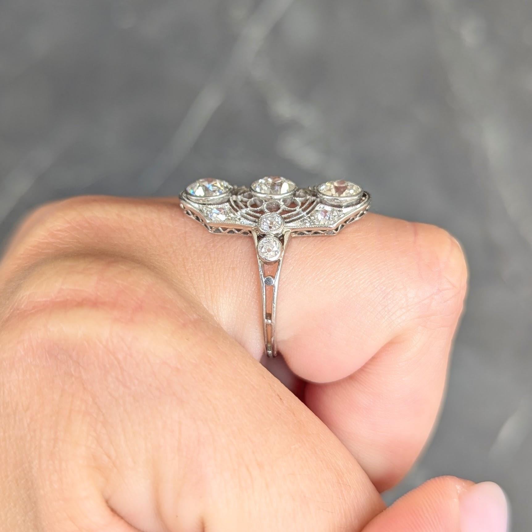 Art Deco 2.50 CTW European Diamond Platinum Vintage Floral Navette  Dinner Ring