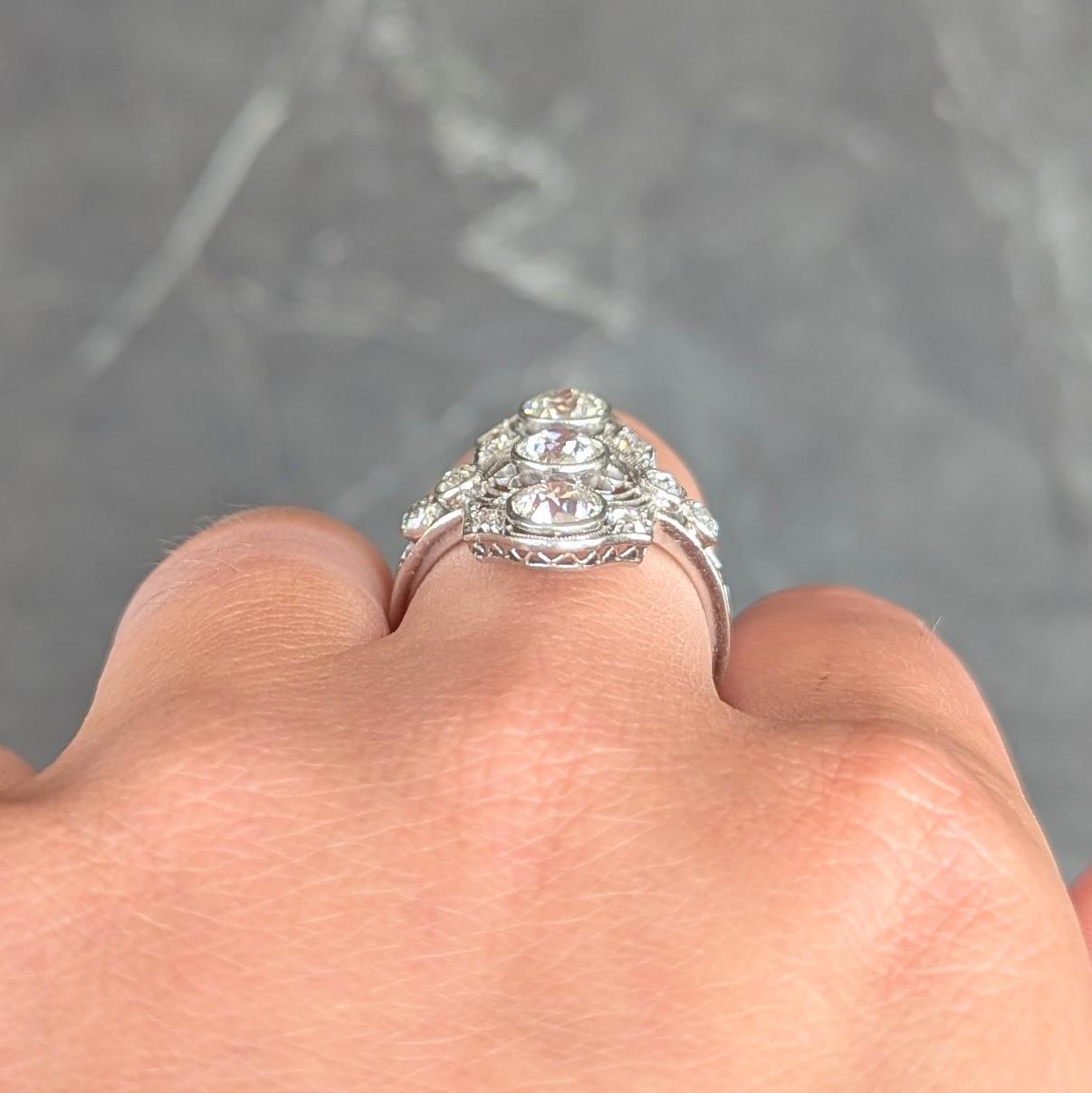Art Deco 2.50 CTW European Diamond Platinum Vintage Floral Navette  Dinner Ring