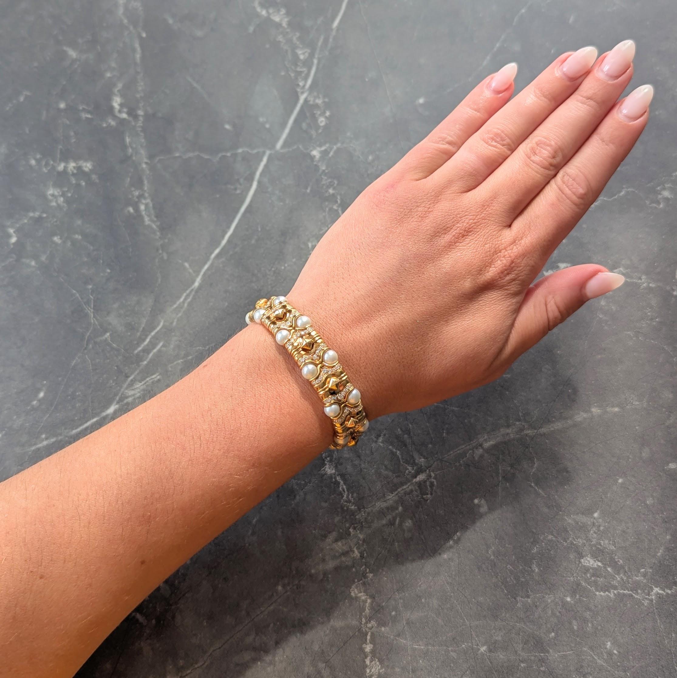 Bulgari 1980's Diamond Pearl 18 Karat Yellow Gold Vintage Doppio Boules Bracelet