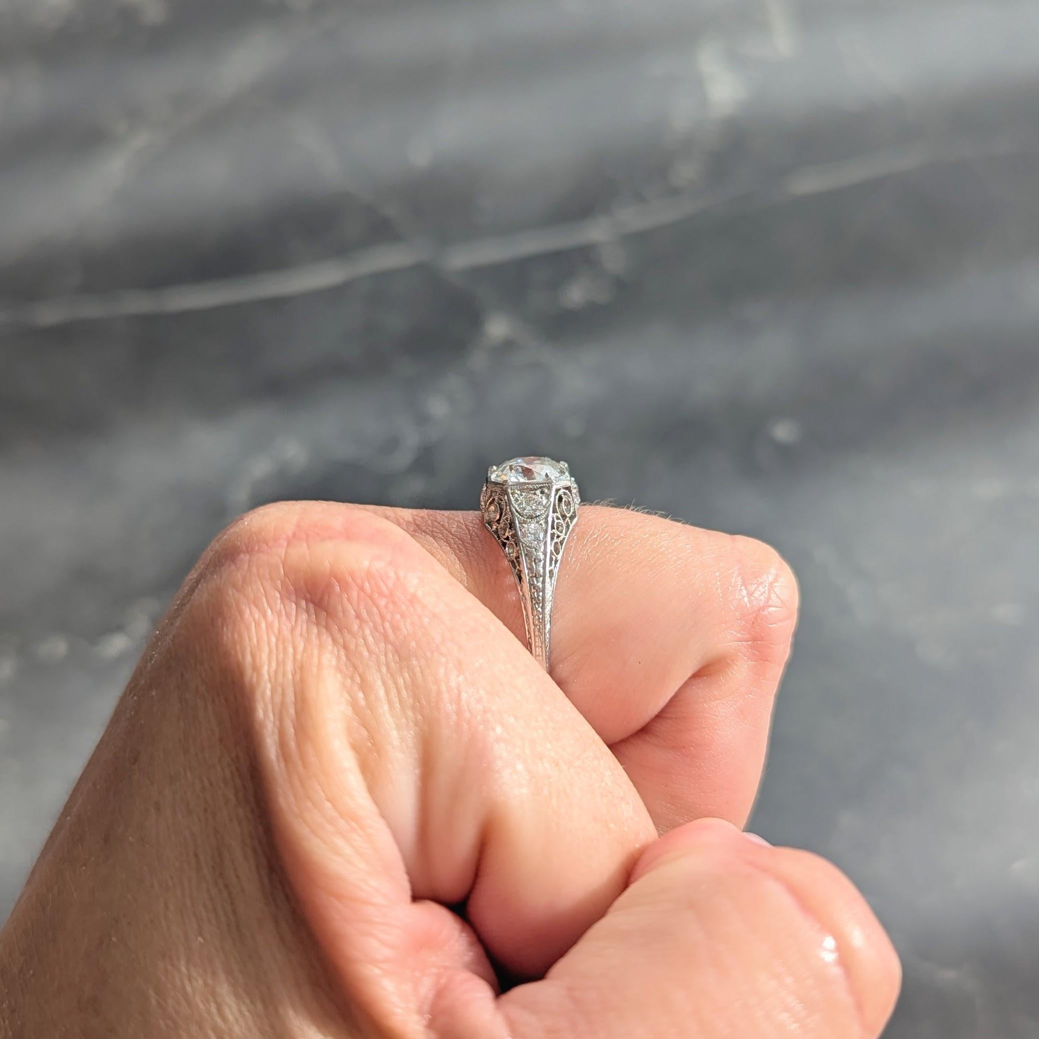 Art Deco Old European Diamond Platinum Antique Scroll Filigree Engagement Ring