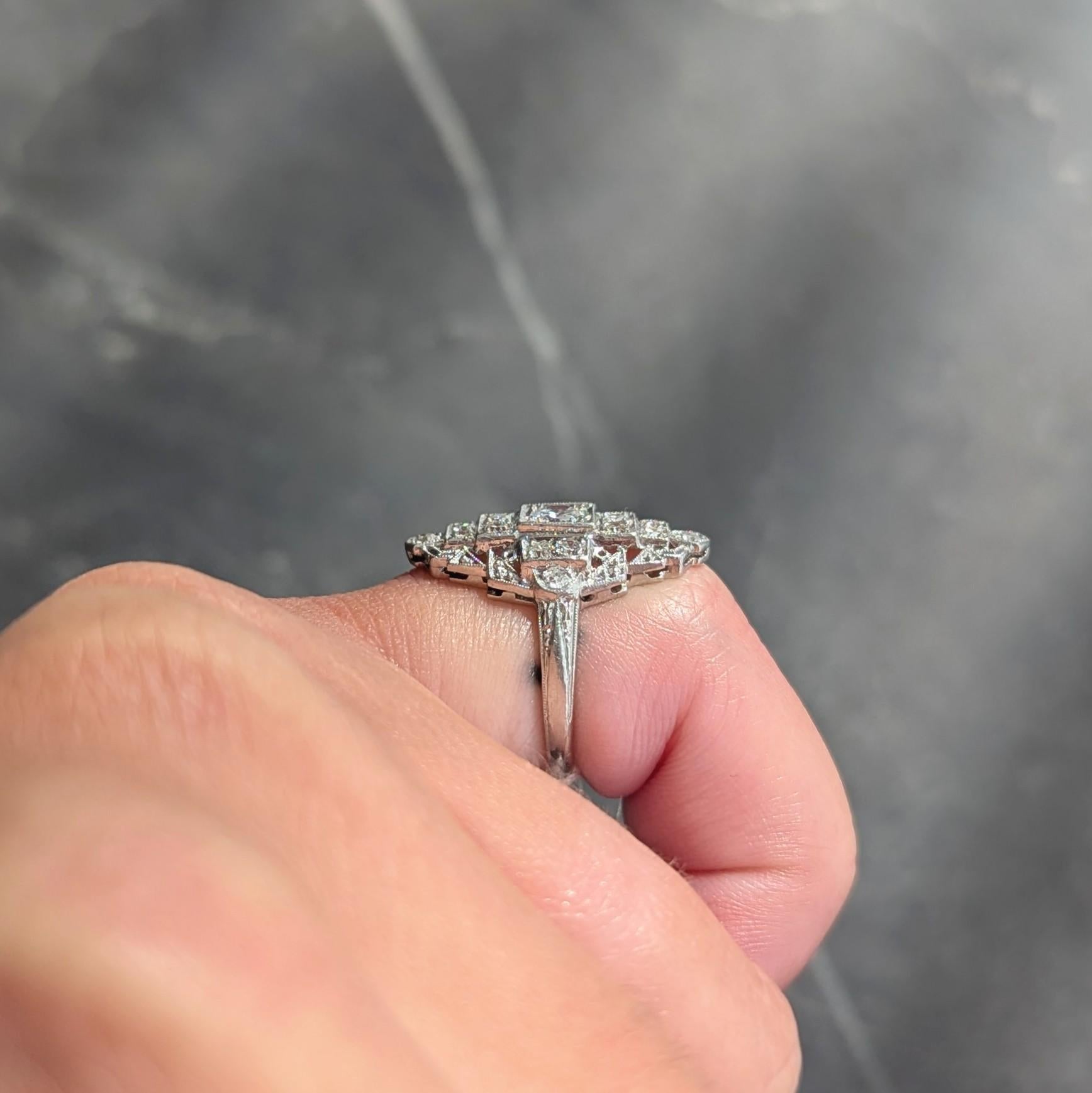 Art Deco 0.70 CTW Diamond Platinum Vintage Stepped Navette Dinner Ring