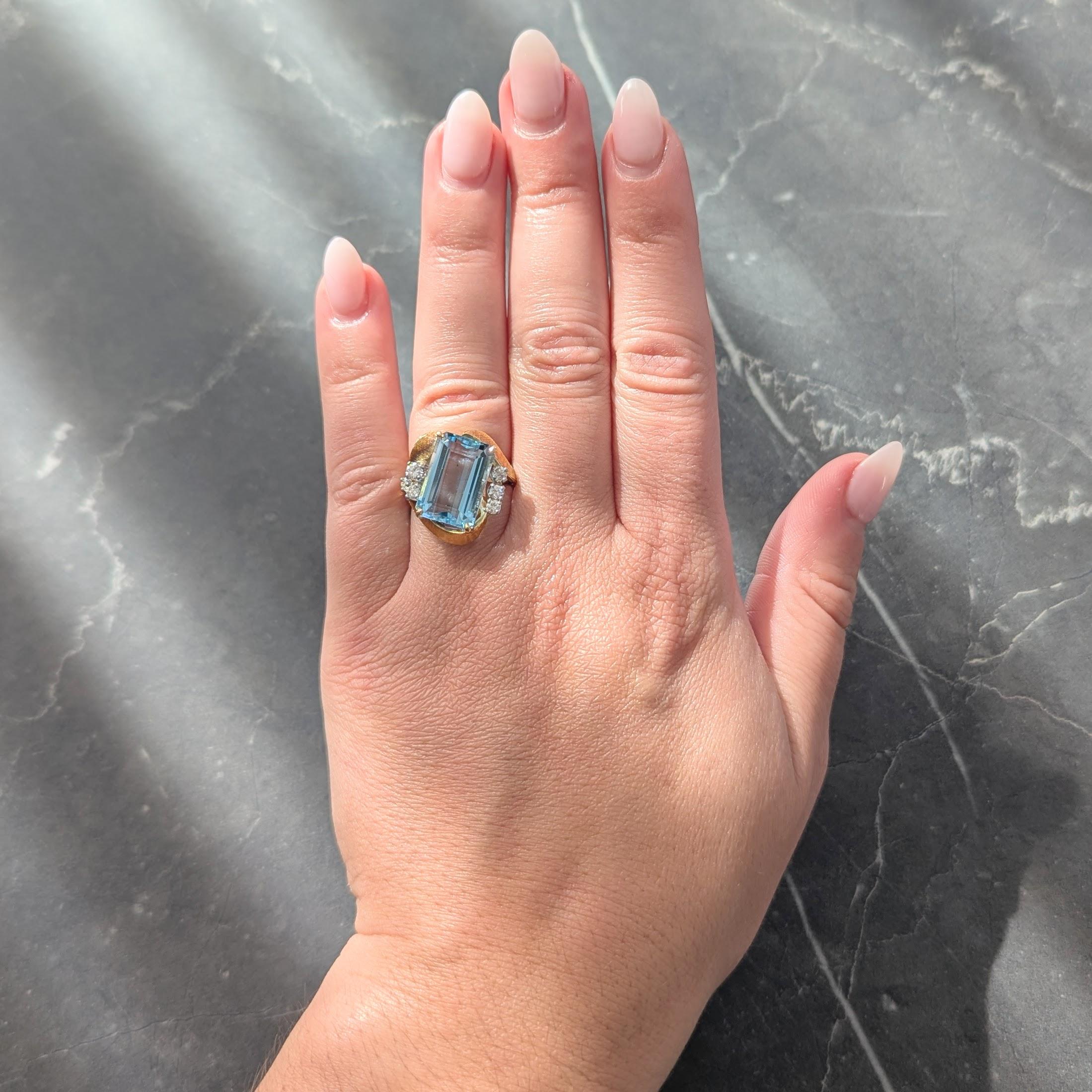 Mid-Century 7.40 CTW Aquamarine Diamond 18K Two-Tone Gold Vintage Cocktail Ring
