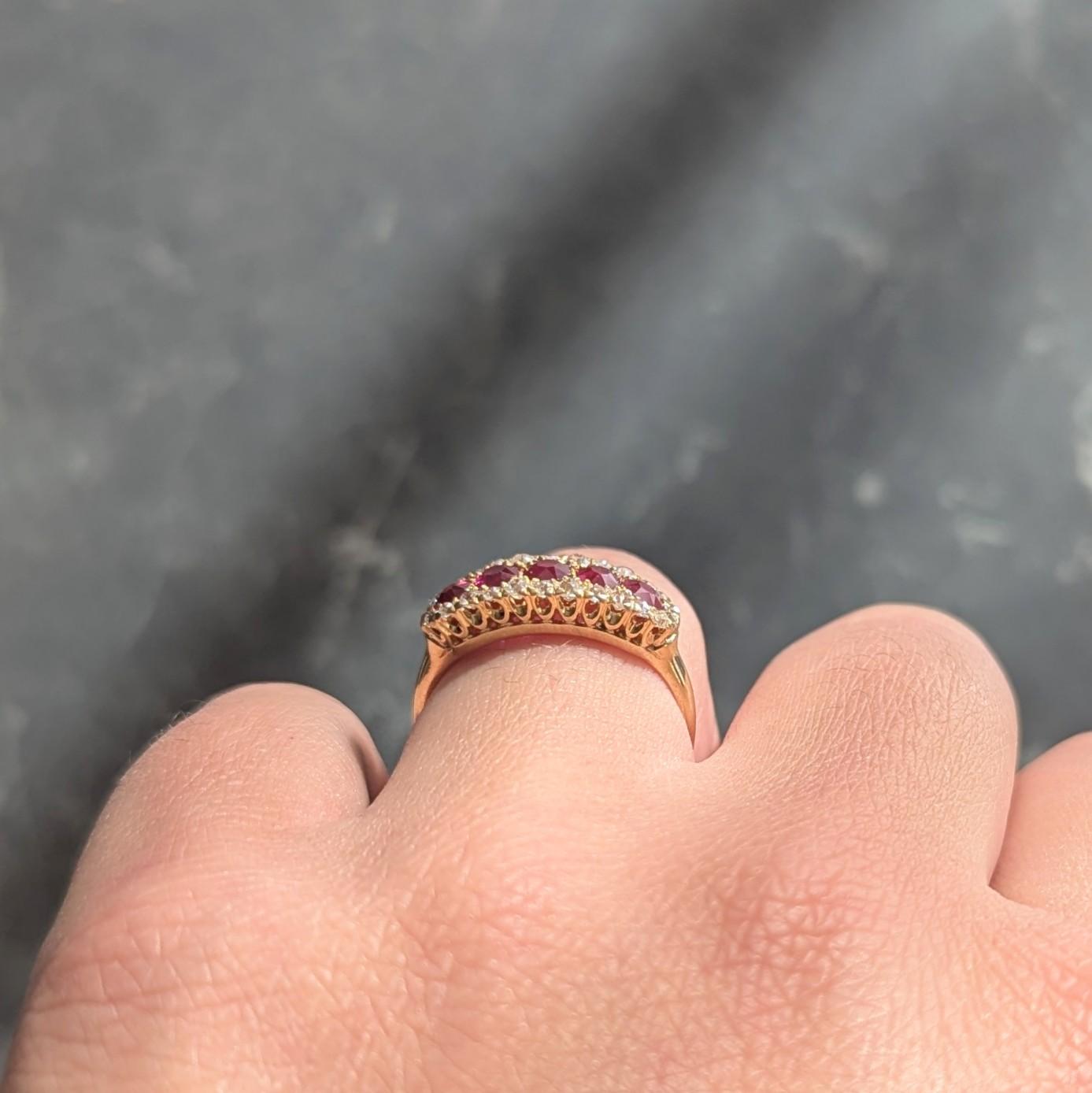 Victorian 1.47 CTW Ruby Diamond 18 Karat Yellow Gold Antique Halo Band Ring