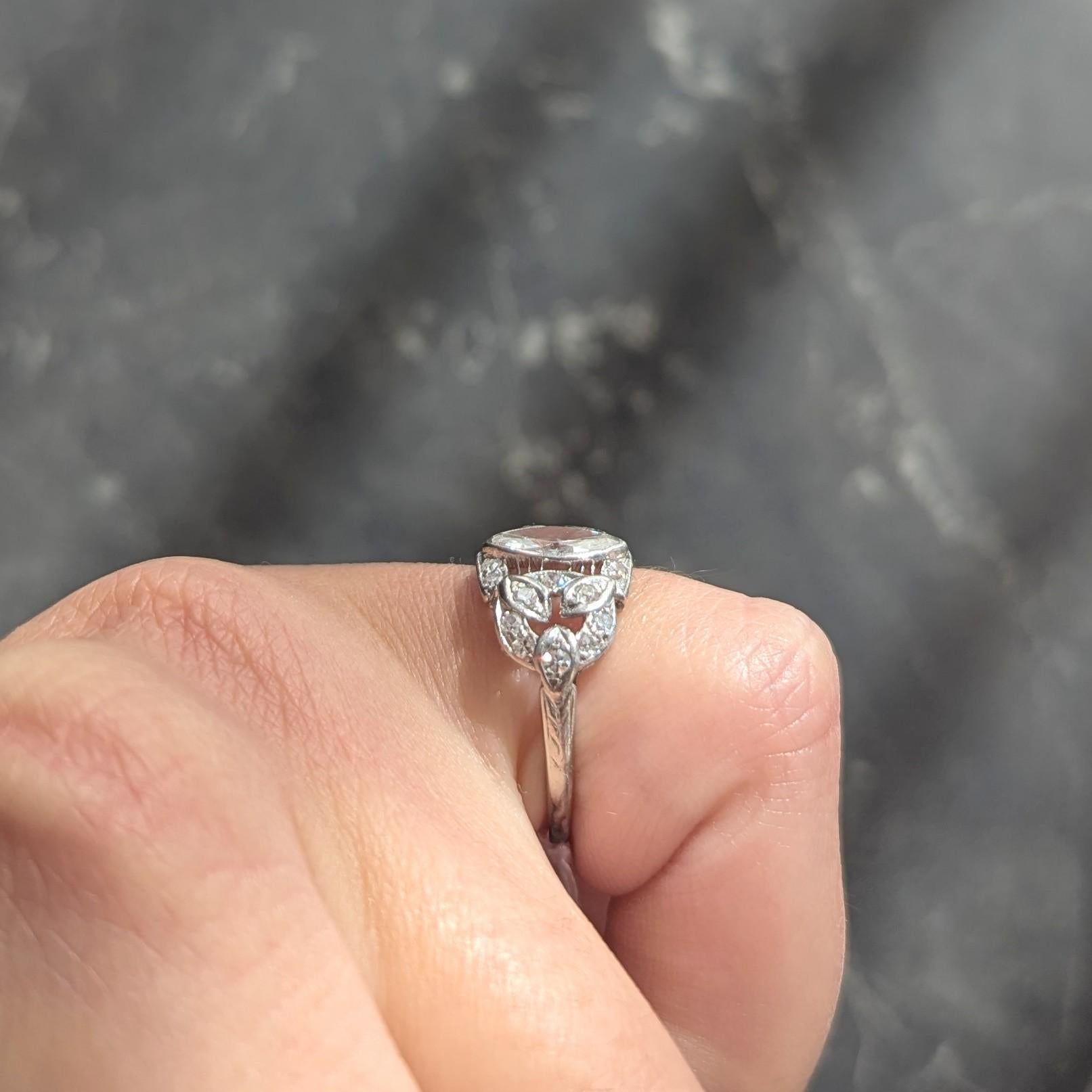 Art Deco 1.20 CTW Marquise Cut Diamond Platinum Foliate Antique Engagement Ring