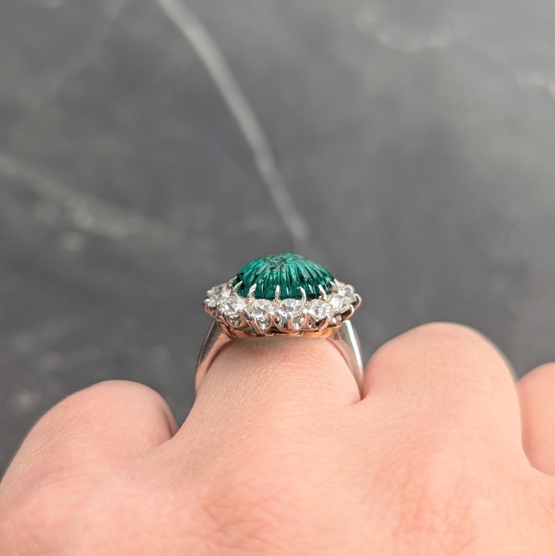 Art Deco Carved Mogul Emerald Diamond Platinum 18K Gold Antique Halo Ring